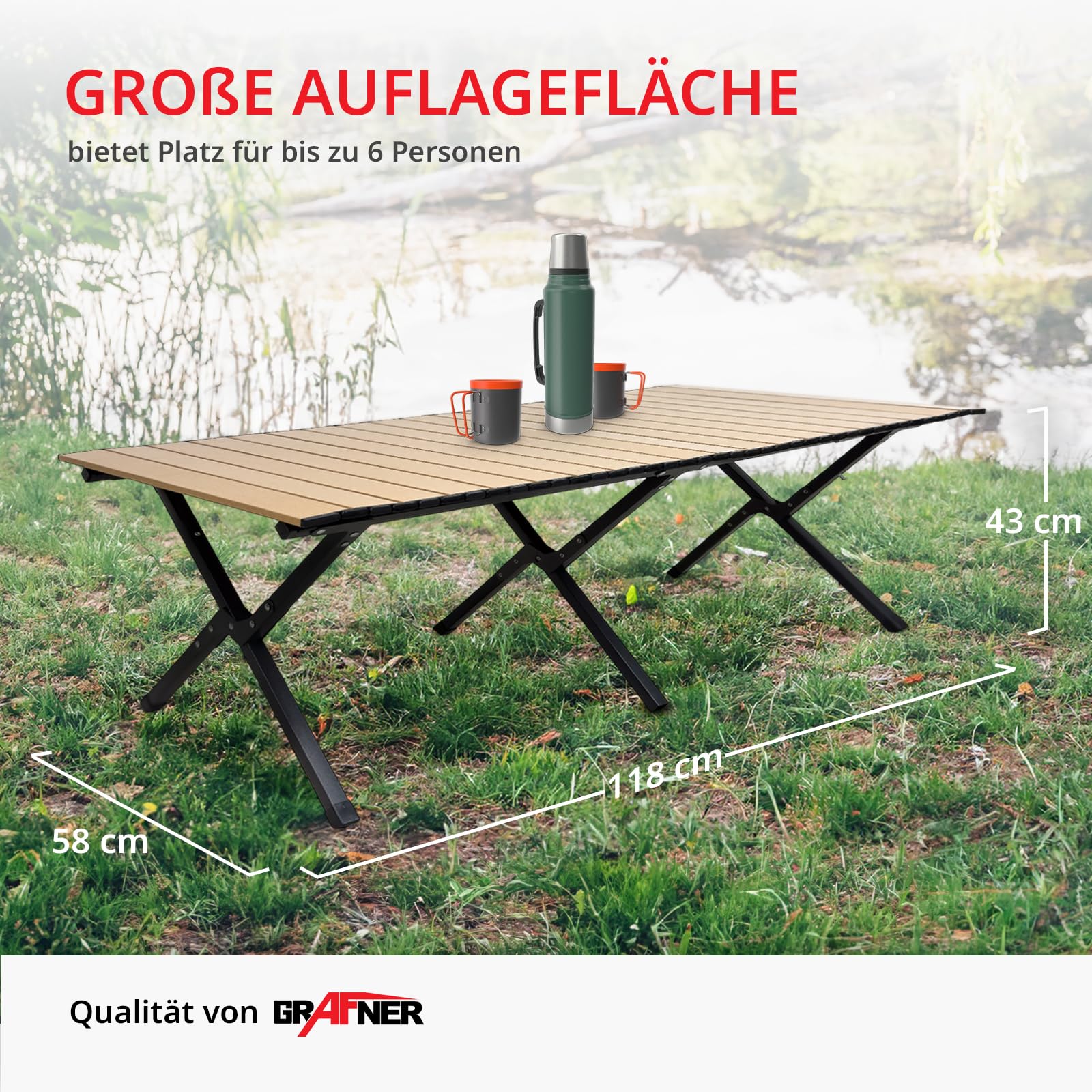 Grafner XXL Campingtisch in Holzoptik klappbar, 118 x 58 x 43 cm, niedrige Ausführung, kleines Packmaß mit Tasche, stabil und tragbar, bis 50 kg, Carbonstahl, Rolltisch Klapptisch Picknick Tisch Holz