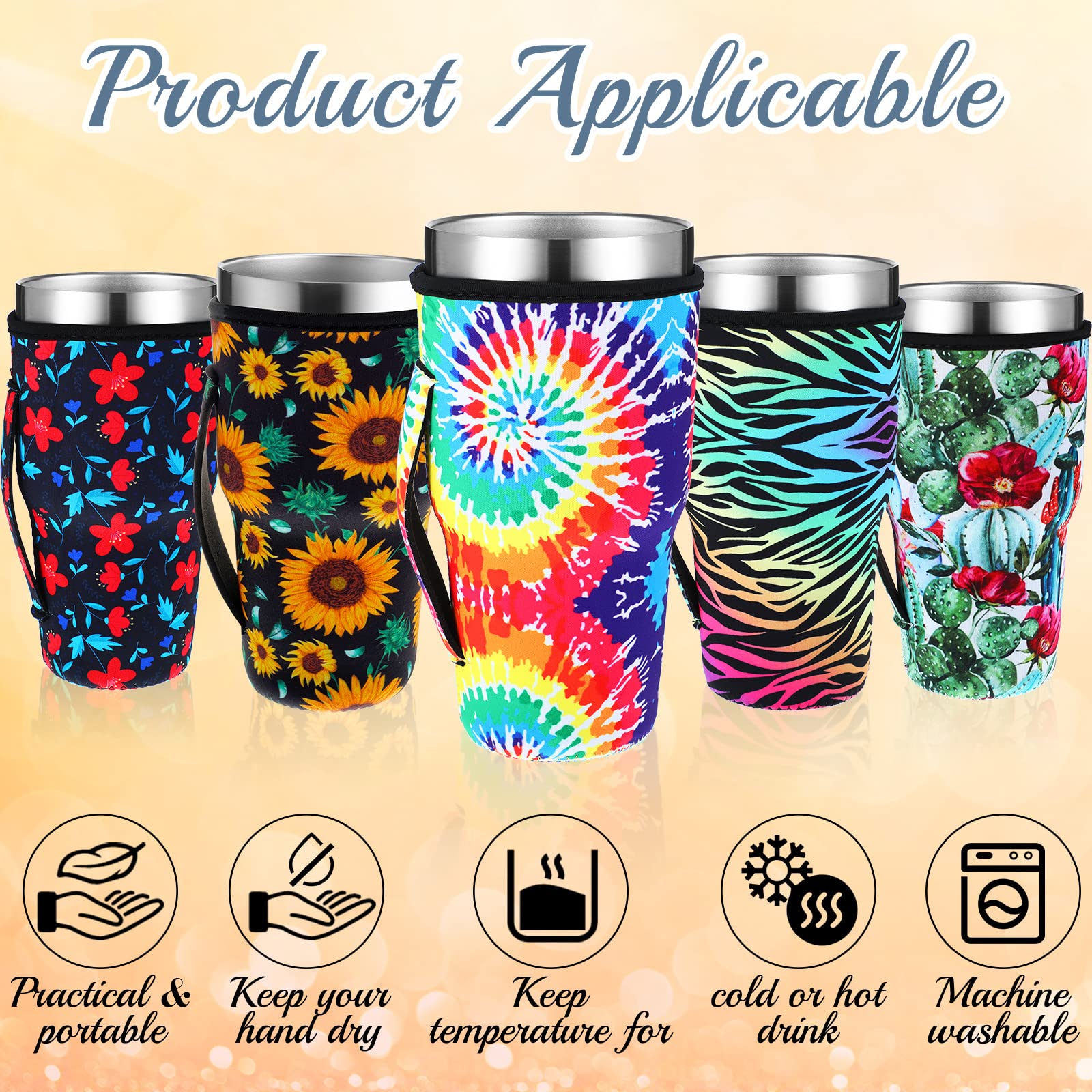Reusable Iced Coffee Sleeve With Handle - Neoprene Insulator For 24-28oz Cups, Dinosaur & Cactus Prints - View #7