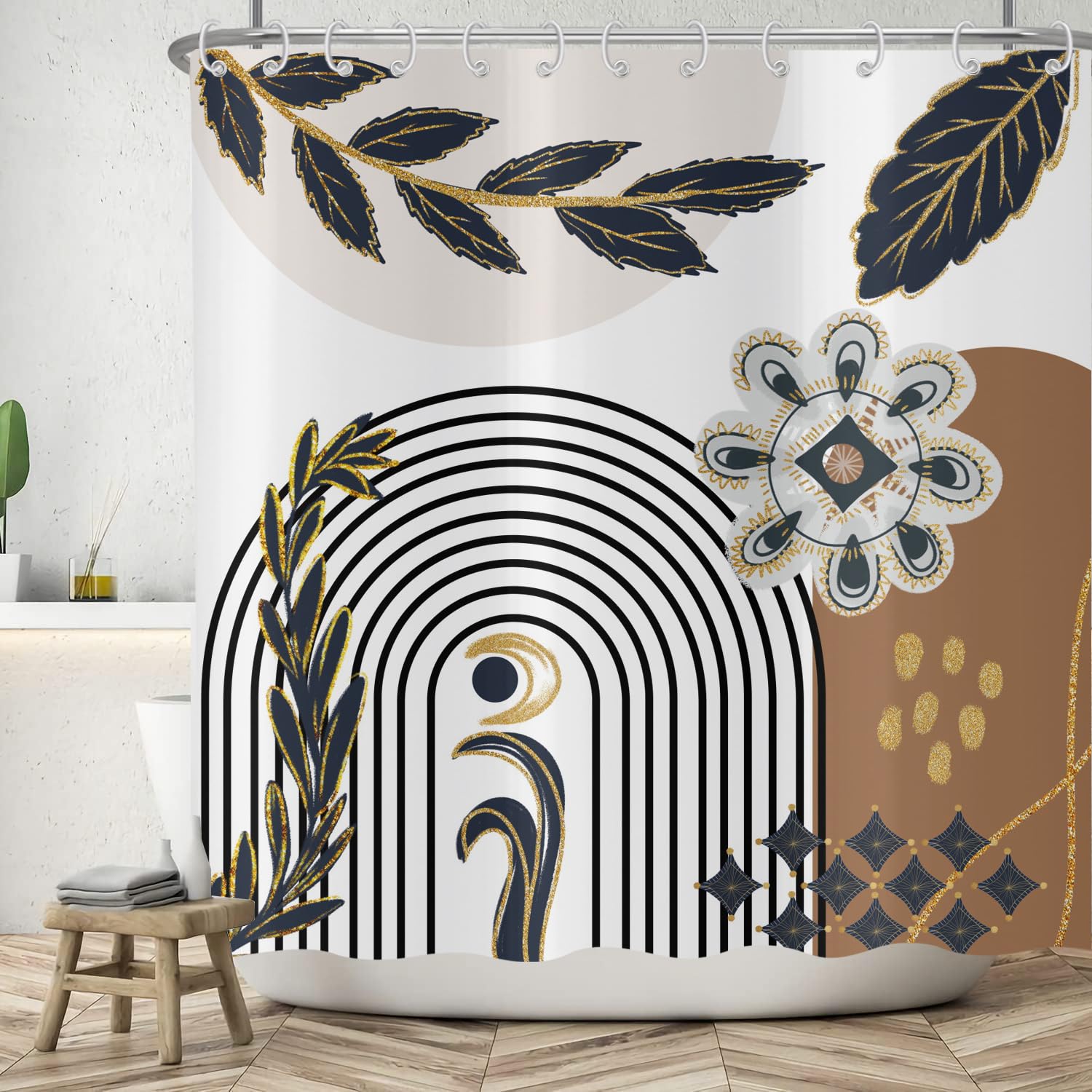 ASDCXZ Boho Shower Curtain 180x200 cm, Modern Abstract Boho Style Black Gold Leaves Flowers Moon Brown Washable Shower Curtains Polyester Textile Waterproof Bath Curtain for Bathtub with 12 Hooks
