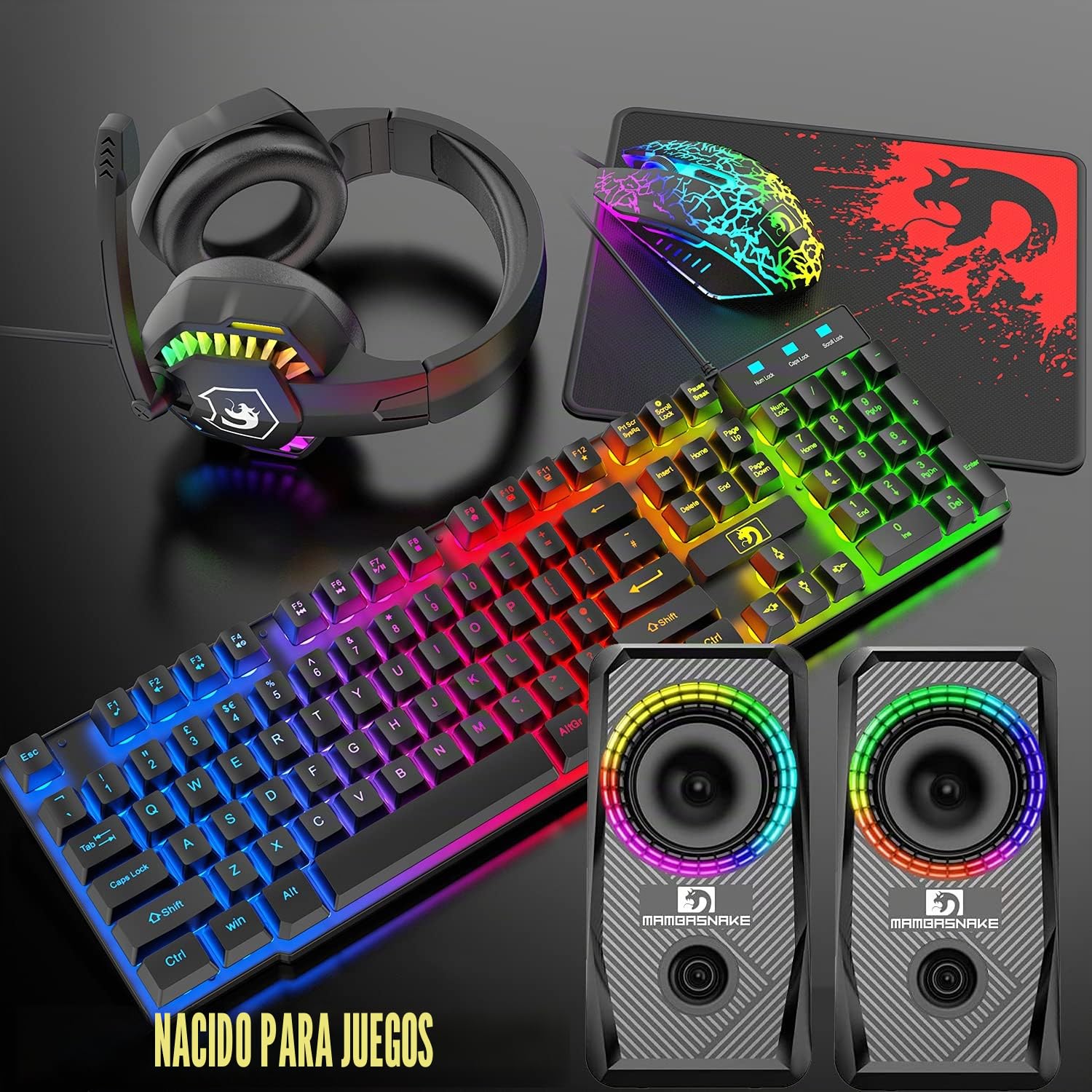 Diseño del Reino Unido Cableado 104 Teclas Teclado para Juegos Ratón Auriculares Altavoz Combo 5 en 1 con retroiluminación RGB múltiple Ratones de 2400 PPP Alfombrilla de ratón Grande para