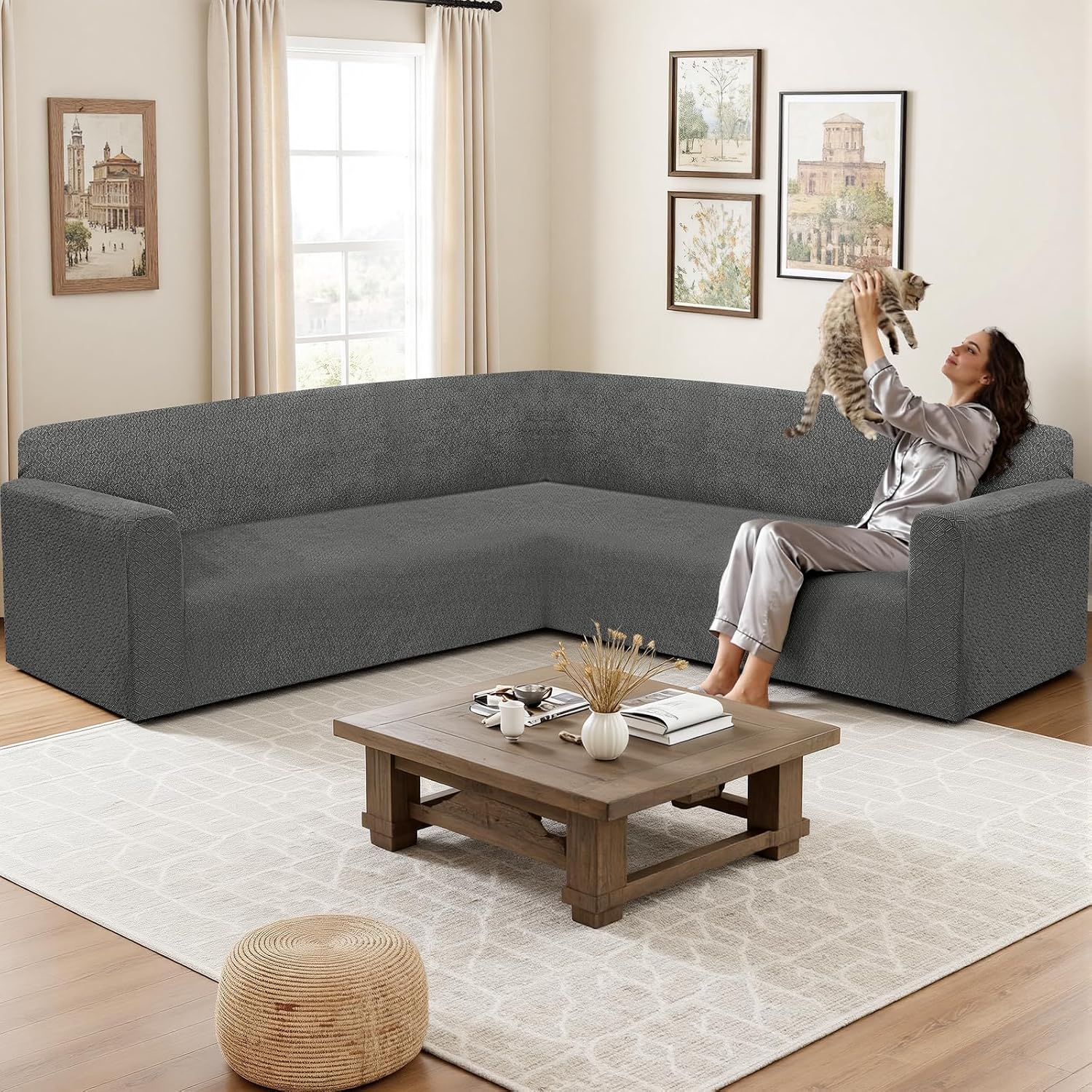 HDCAXKJ Sectional Couch Cover L Shape Stretch Sofa Covers Washable Jacquard Corner Couch Slipcover Non Slip Sectional Slip Cover U Shaped Furniture Protector for Pets Dogs (Charcoal Grey, X-Large)