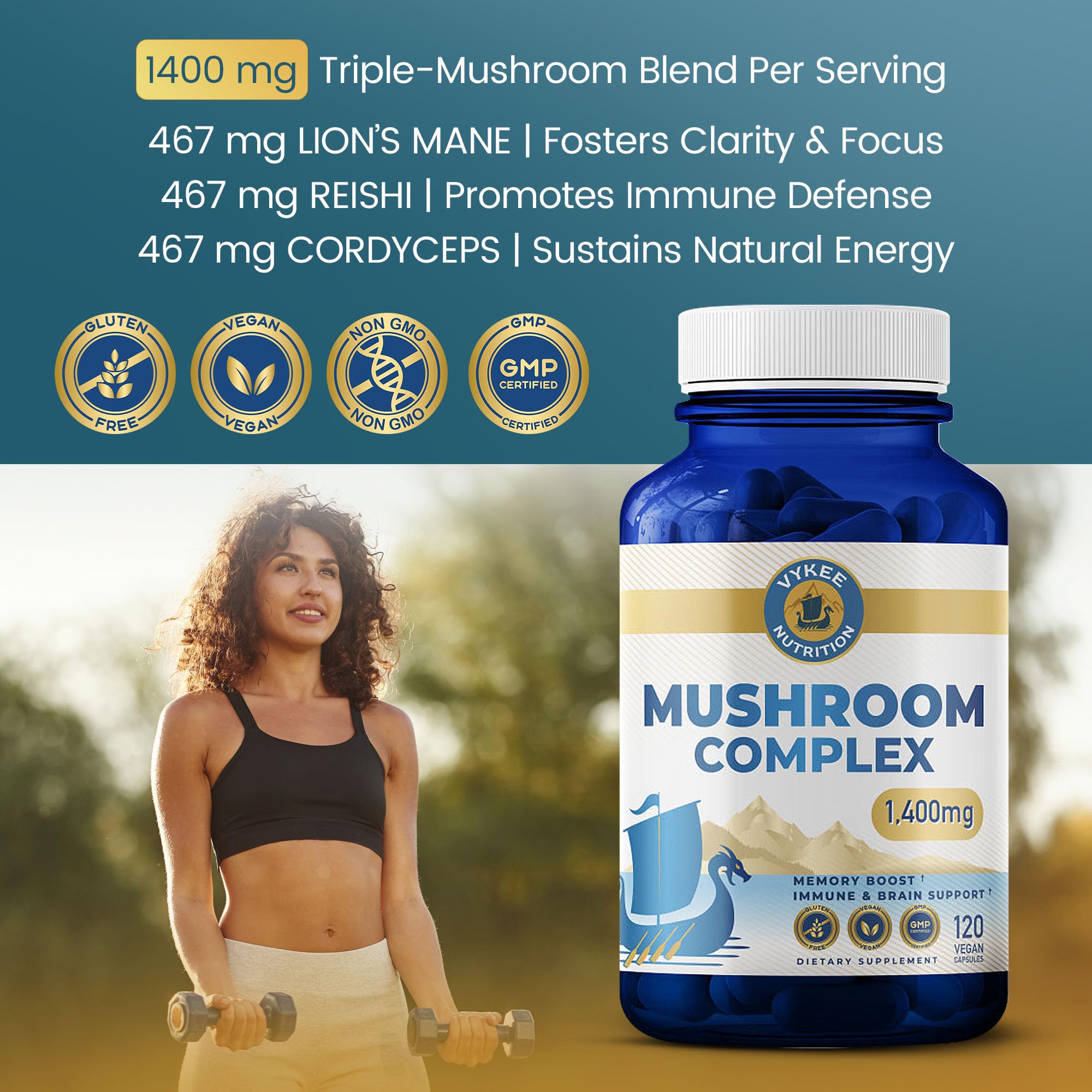 Vykee Nutrition Mushroom Complex Lion's Mane, Reishi & Cordyceps, 1,400 mg — Amazon image 4