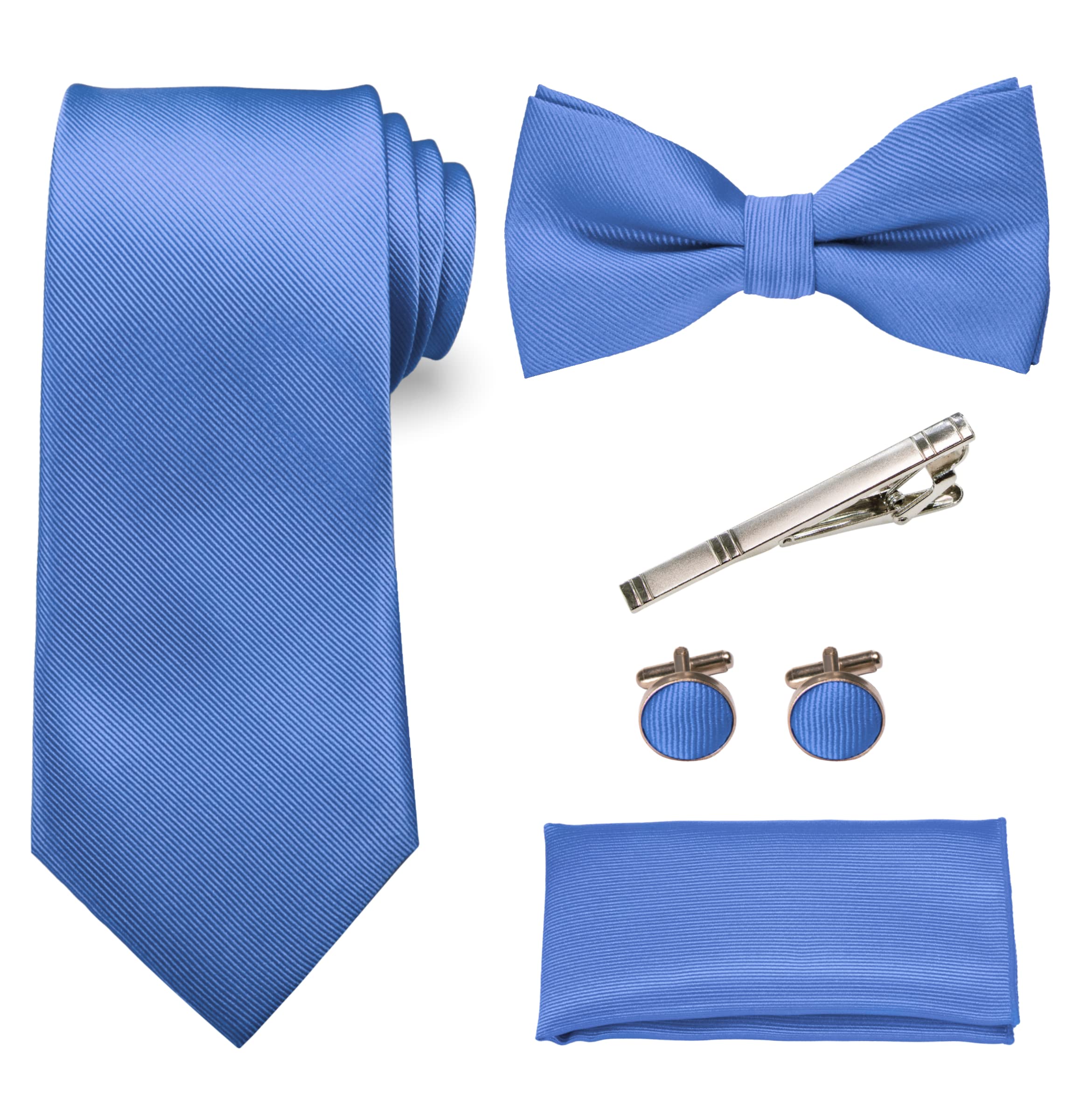 RBOCOTT Corbata de color liso y pajarita pañuelo con clip de corbata y gemelos conjuntos, azul claro, Talla única