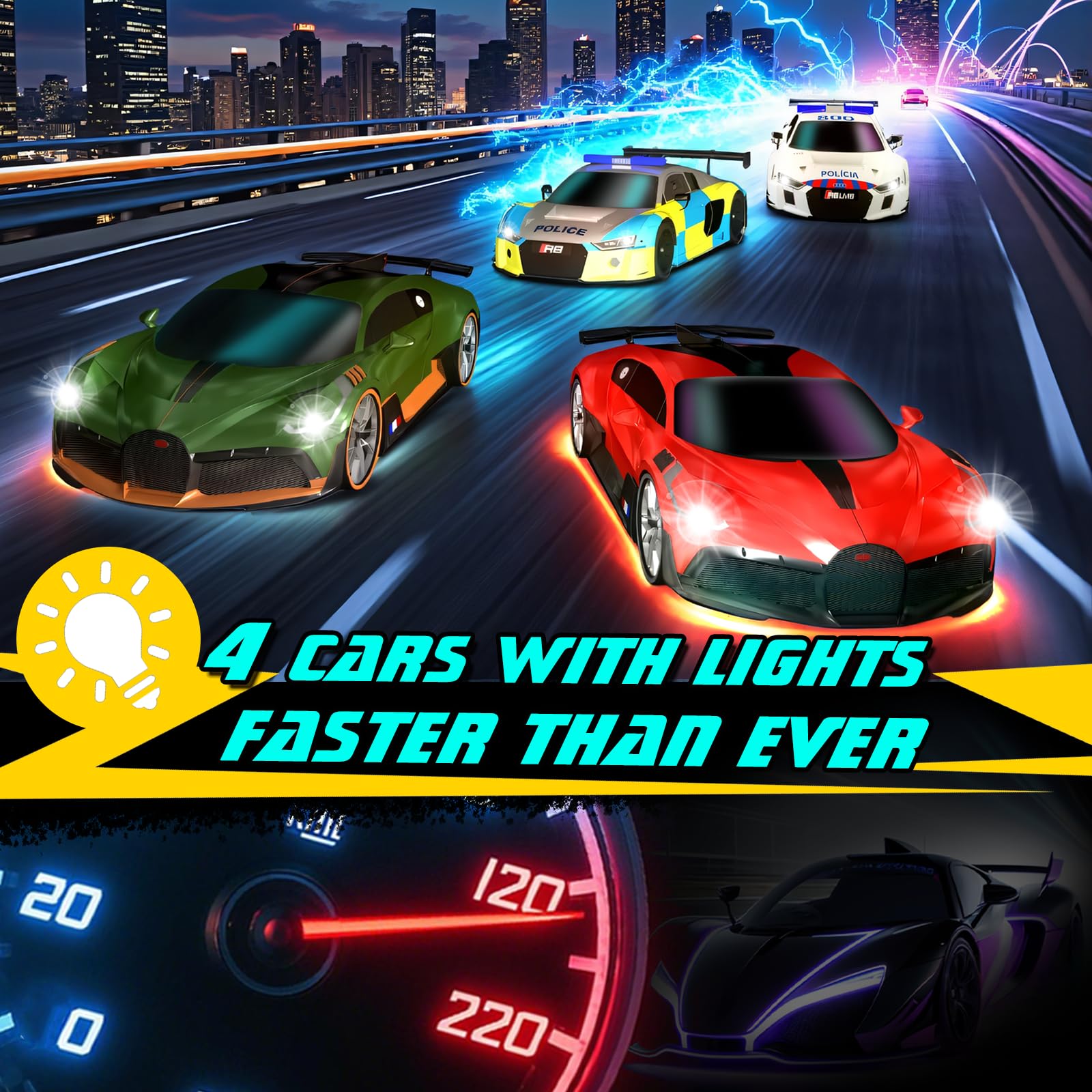Juego de pistas de carreras de autos con ranura de 18.7 pies, 4 autos oficiales iluminados, volante y controladores de patas, velocidad ajustable, 4 pistas de bucle intermitente, modos de 7
