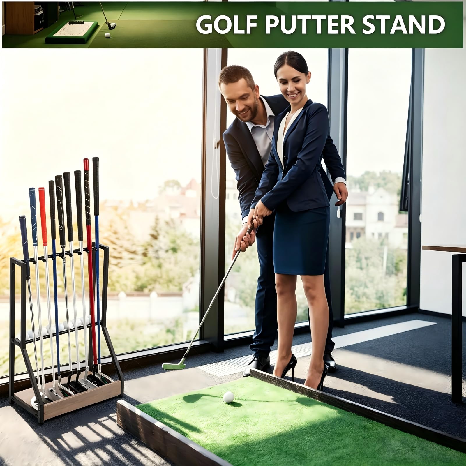 Golfschlägerhalter für 9 Schläger & 9 Bälle, Massivholz & Eisen, Golf-Putterhalter, Bodenständer, Golfschlägerständer, geeignet für Golfsimulatoren, Golfplatzzubehör
