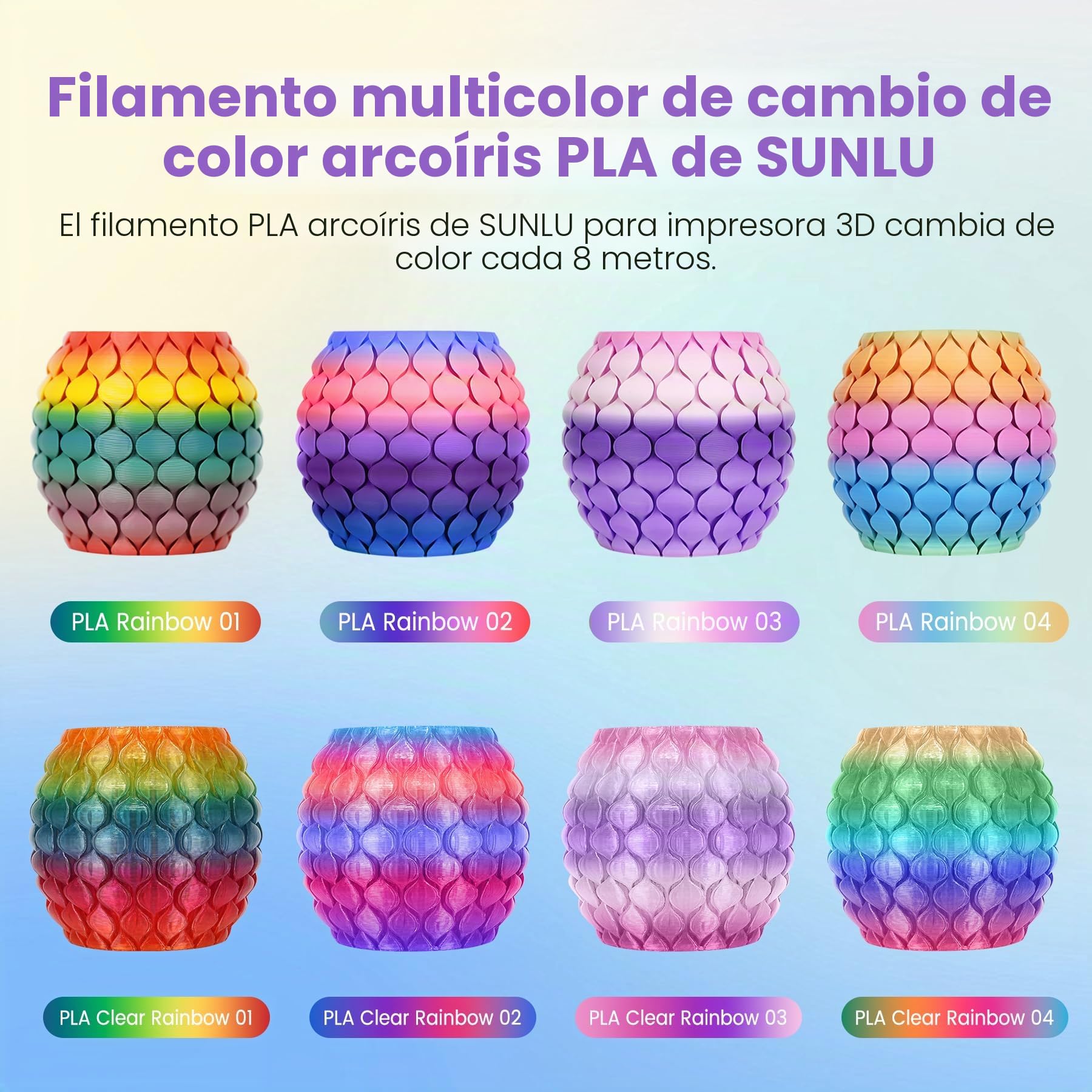 SUNLU Filamento PLA Arcoíris Multicolor Bundle, Filamento PLA con Degradado de Color para Impresora 3D 1,75 mm ±0.02 mm, Peso Total 4KG, 1KG por Carrete, 4 Carretes.