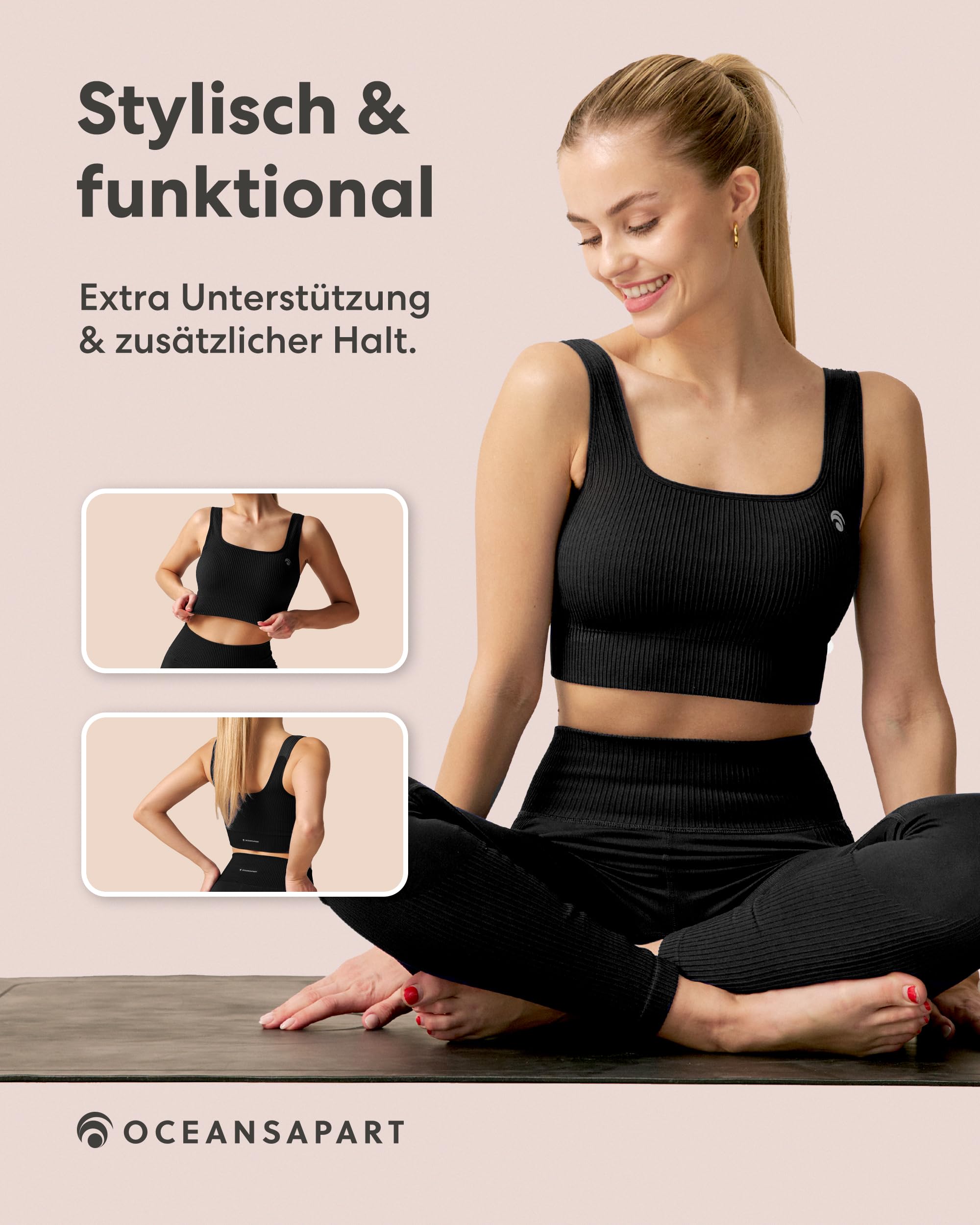 OCEANSAPART Sydney Bra - Sport BH Damen Bustier Nahtlos Bralette | Geripptes Design & Quadrat-Ausschnitt – Herausnehmbare Cups – Schnelltrocknend ohne Bügel für Yoga