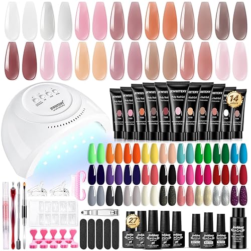 JEWHITENY Kit de uñas de gel de 14 colores, kit de esmalte de uñas de gel de 27 colores con luz UV todo en uno, kit de iniciación de arte de uñas,