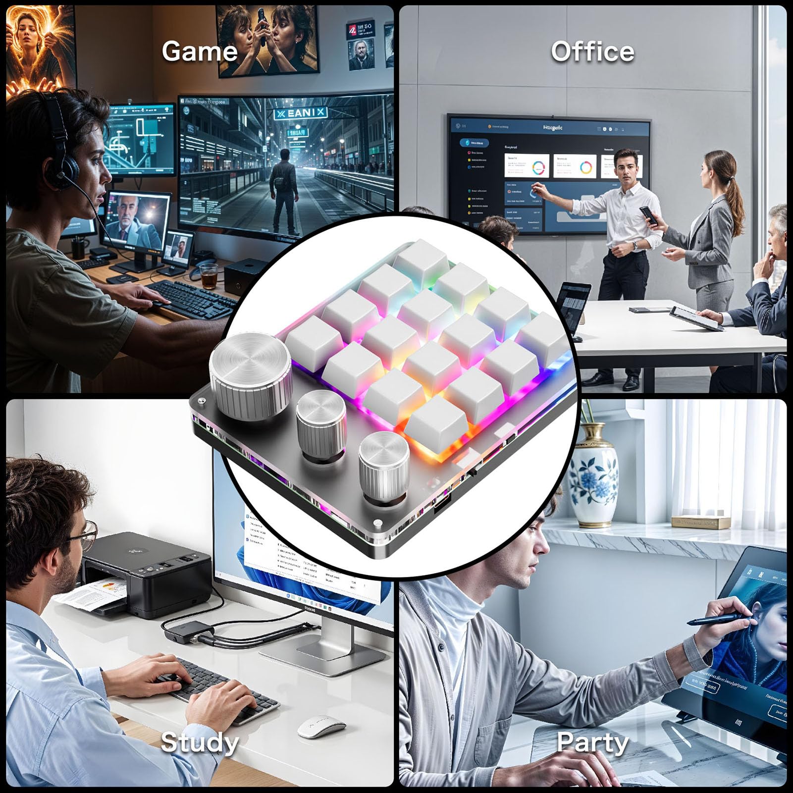 Tosuny Clavier Macro Programmable, Clavier de Jeu Bluetooth 16 Touches avec 3 Boutons et Contrôleur de Volume, Rétroéclairage LED RVB, Macro OSU pour Wins, OS X (avec Câble (White)