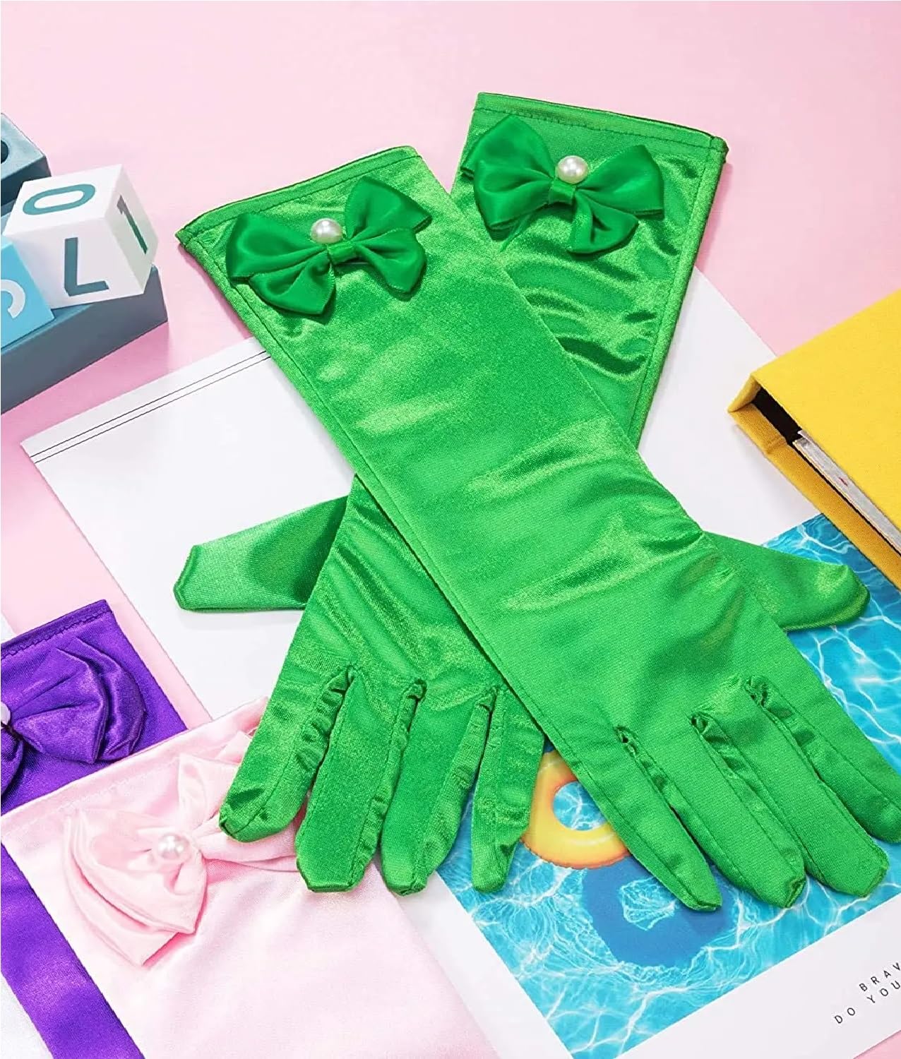 TASMAI MARKETING Girls Satin Gloves with Bow and Pearl Embelishment, Girls Party Accessories, 4Years -14Years, Multi-Color (Green, Small(4-14 Years)) 1