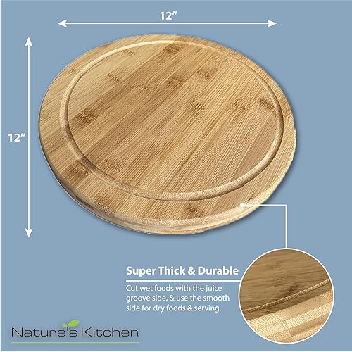 Miniatura 4 de Nature's Kitchen Bandeja redonda gruesa de bambú para servir con ranura para jugo para cortar queso y charcutería (12 pulgadas)