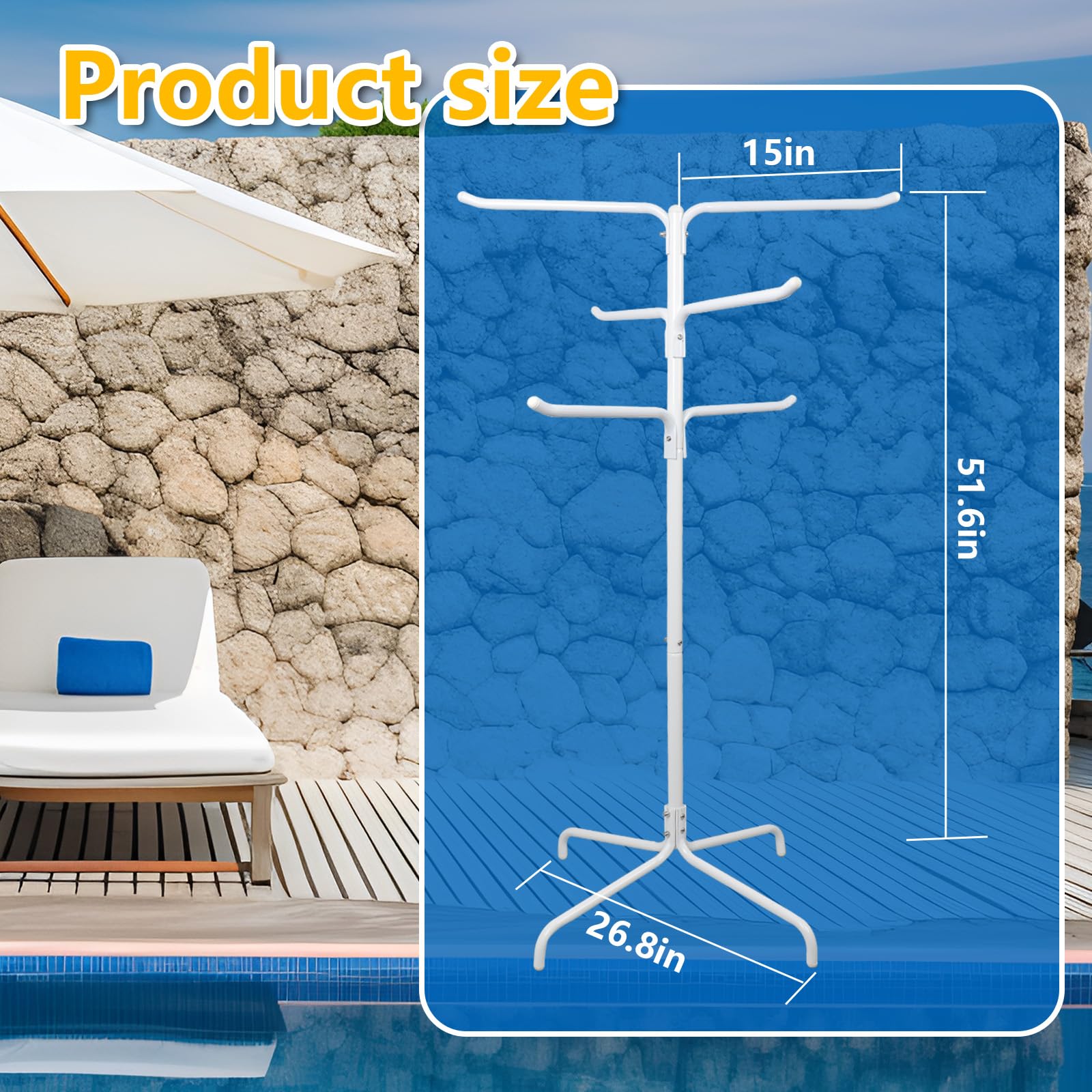 Toallero de piscina al aire libre, 6 barras de columna, toallero de pie, soporte ajustable para toallas de piscina y patio con base pesada (blanco