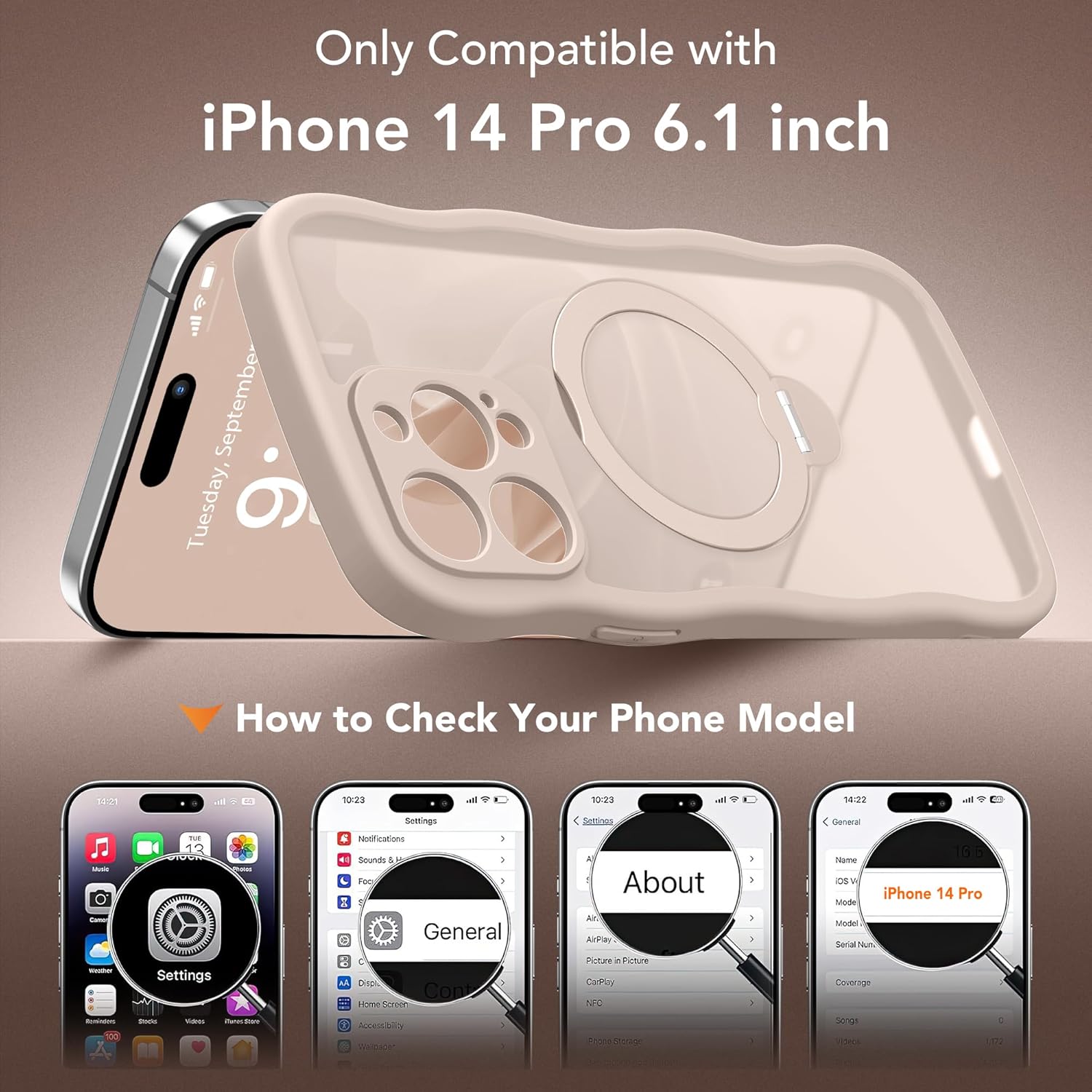 GolbinBox for iPhone 14 Pro Case for Women,[Compatible with Magsafe][360° Spin Magnetic Stand][Cute Wave Edge][Military-Grade Protection] Translucent Matte Phone Case for iPhone 14 Pro, Rose Gold