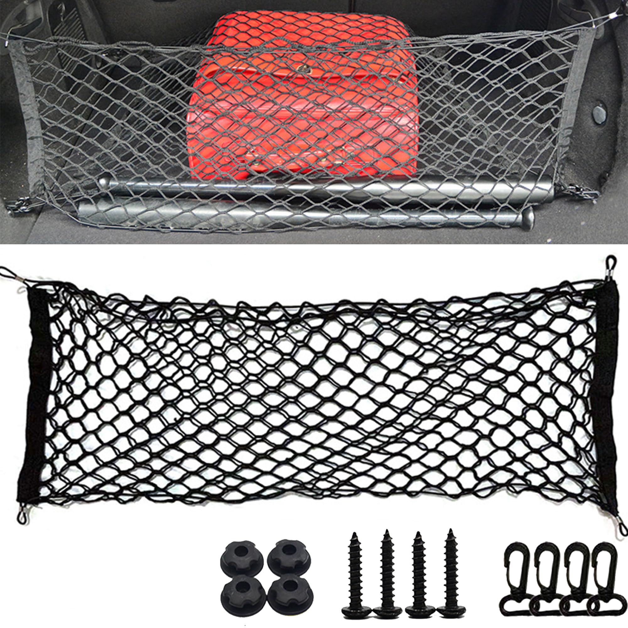 SQAQS Car Trunk Universal Storage Nylon Net, Double Layer Vertical Network, Luggage Net, Car Cargo Net, Trunk Cargo Organizer Storage, with Hooks and Screws Fit for Car, Jeep, SUV, Truck (110 * 40cm)