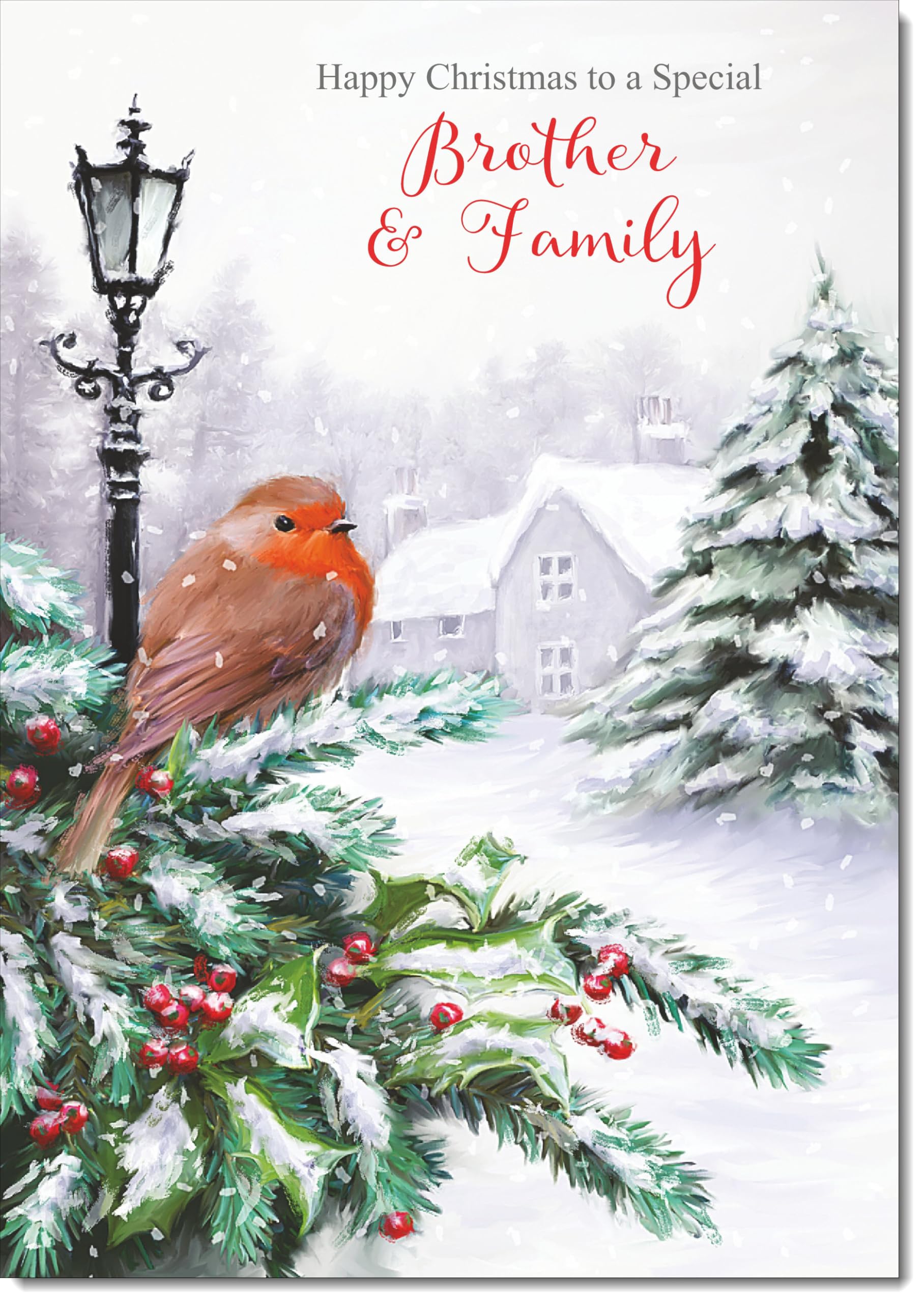 doodlecards Brother and Family Christmas Card Robin by Lamp Large A4 Size Christmas Card for Brother & Family with Plain Envelope