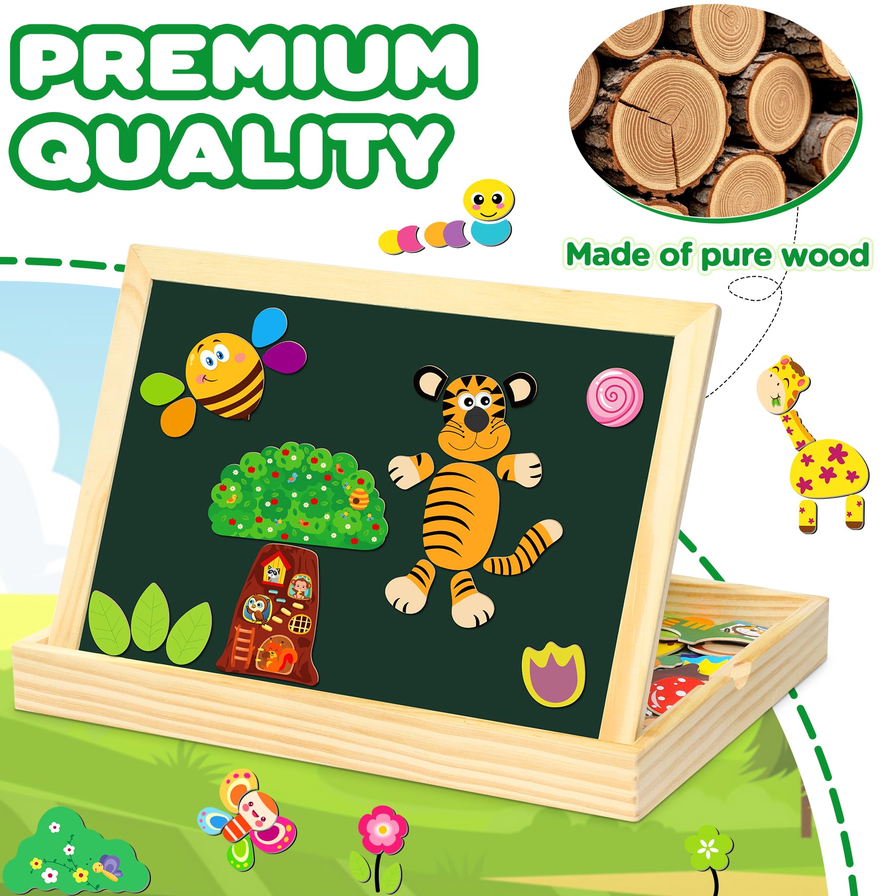 Puzzle Magnetico di Legno 130 Pezzi Montessori con Lavagna Magnetica Frutta Animale Regalo Bambini 3 4 Anni