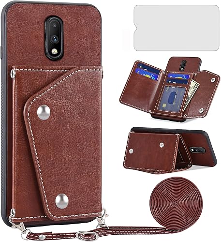 Asuwish Funda de teléfono para OnePlus 7 6T Funda tipo cartera con protector de pantalla y soporte para tarjeta de crédito con correa cruzada