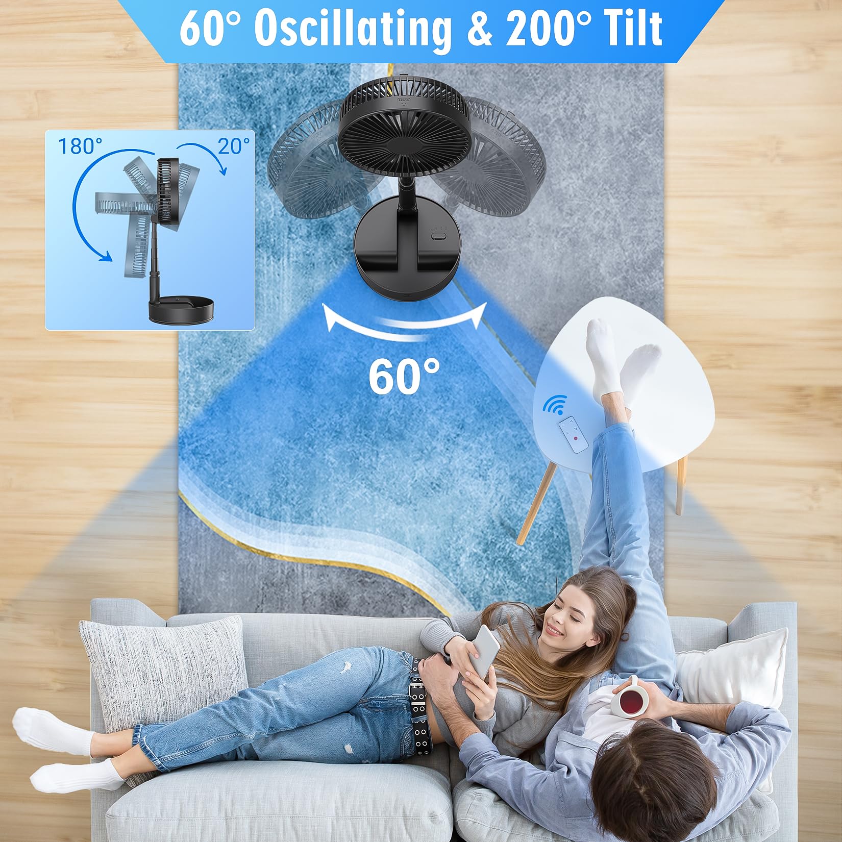Ventilatore a Piantana con Telecomando, Ventilatore Silenzioso Portatile Oscillante, 7200mAh Ricaricabile Batteria Fan da Tavolo, 8" USB Altezza Regolabile Pieghevole per Camera da Letto Viaggio
