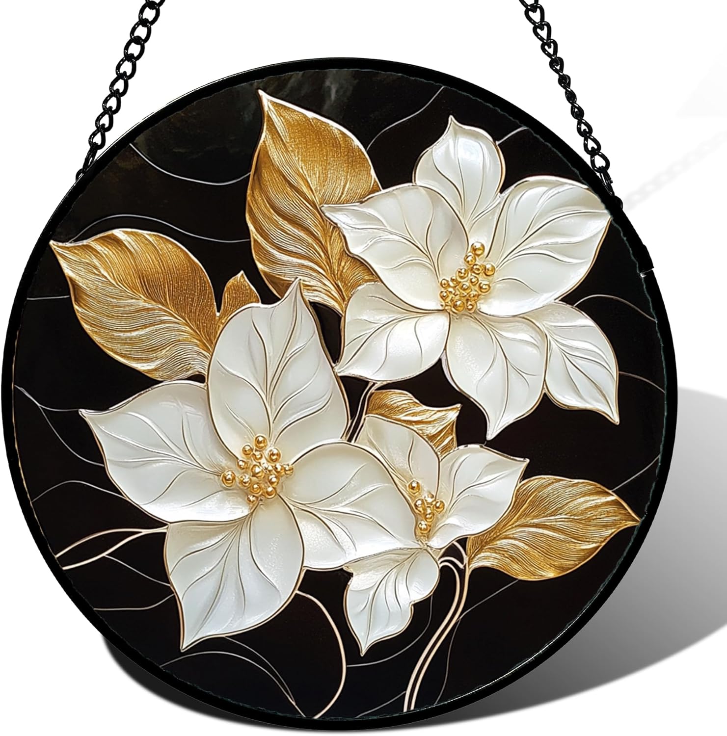 Stained Glass Window Hanging - White Flowers Gold Leaves Black Suncatcher for Door Terrace Garden Home Decor Plant Sun Catcher Birthday Gifts for Lovers Women Men Dad Mom Nana 11.8 in