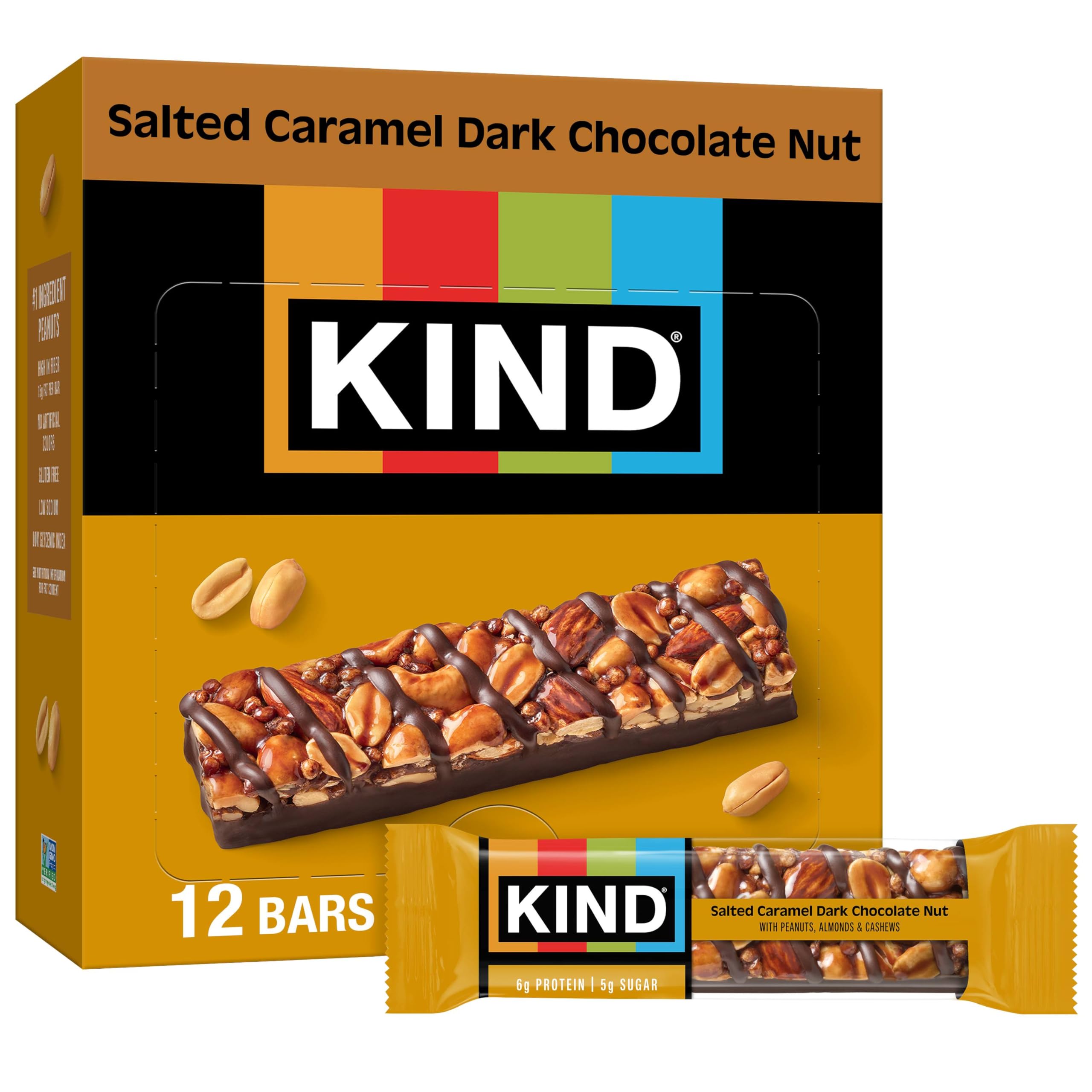 Nut Bars, Salted Caramel & Dark Chocolate Nut, Healthy Snacks, Gluten Free, Low Sugar, 6g Protein, 12 Count