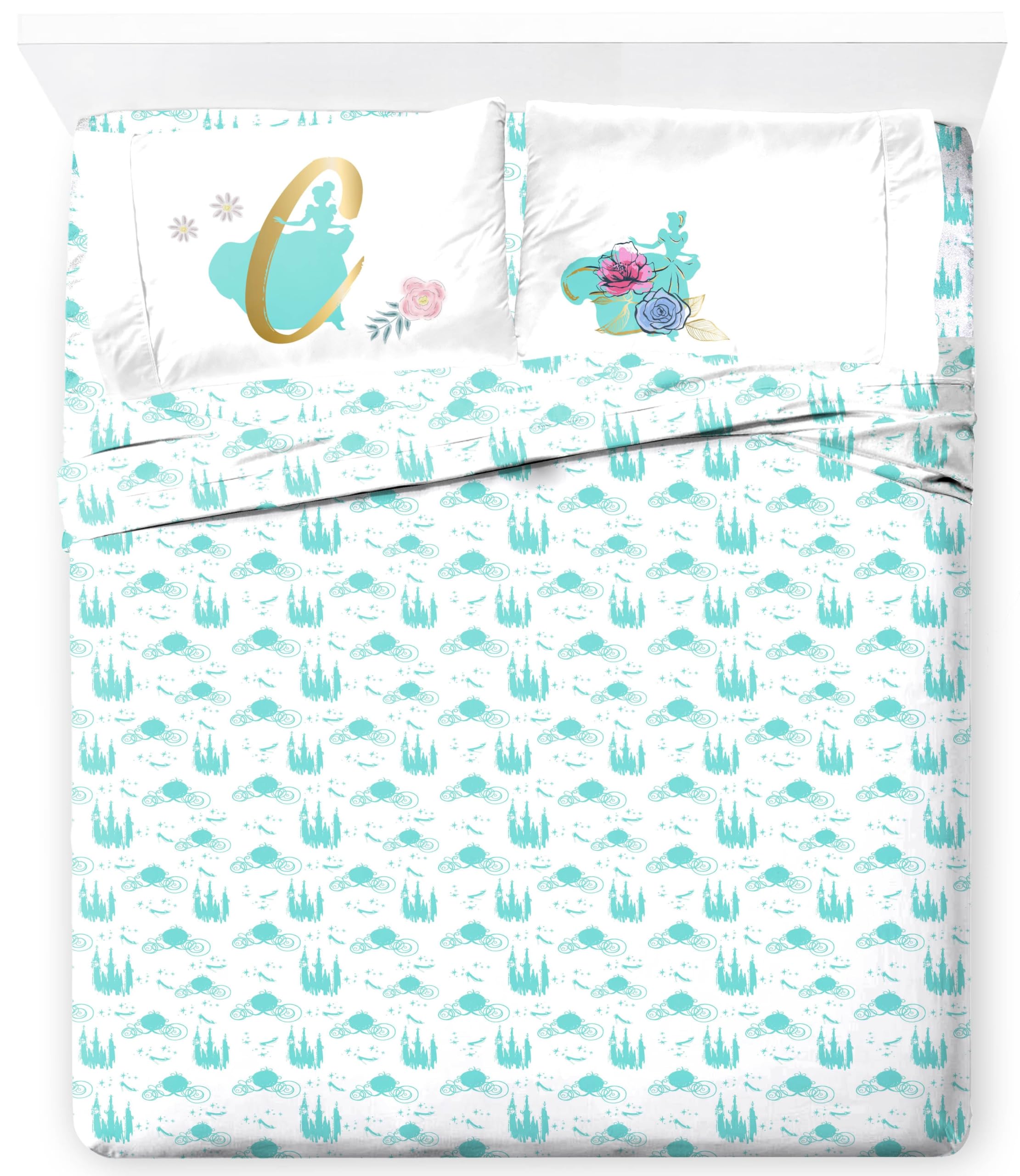 Jay Franco Kids Sheet Set with Fitted, Flat Sheets &amp; Pillow Cover - Ultra-Soft Bedding with Pillowcase for Room Decor, Blue - Princess Cinderella, 4 Piece Queen