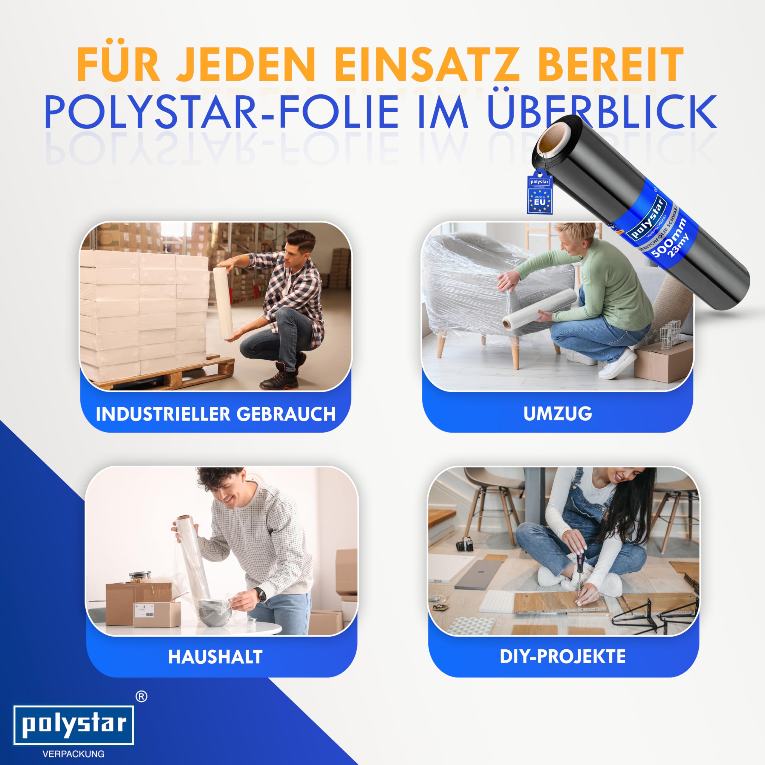 polystar Stretchfolie schwarz Stretchfolienrolle, 500 mm breit, 23 my, 250 Meter | Wickelfolie für Umzug | Palettenfolie für Transport (18x Hand-Stretchfolie schwarz, 500 mm breit, 23 my)