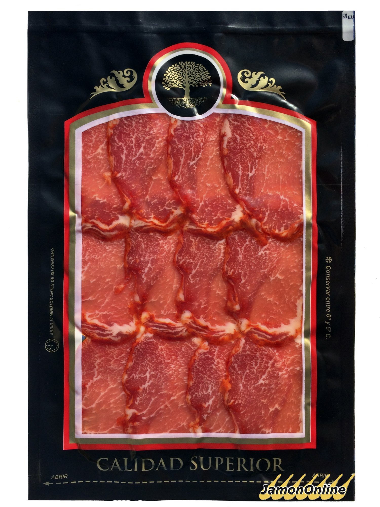 Lot: jambon ibérique: 5 paquets de 100 gr, ibérique longe de porc: 5 paquets de 100gr et Cecina: 5 paquets de 100gr.