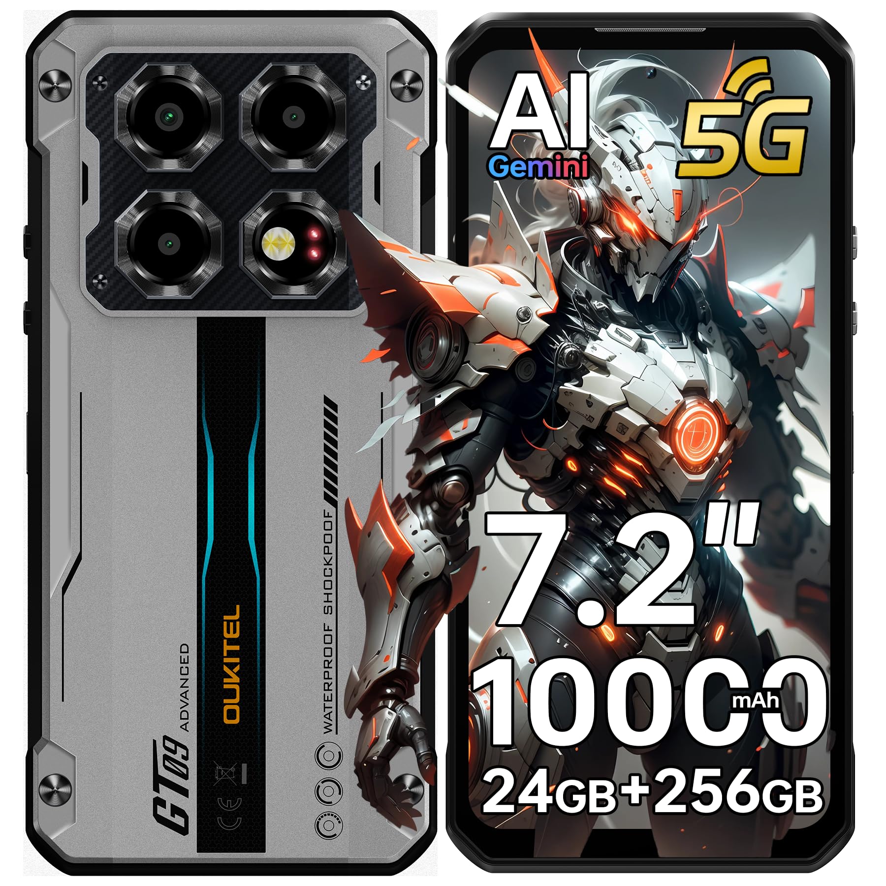 OUKITEL WP60 5G Rugged Phone Unlocked 7.2" Display, 24GB RAM+256GB ROM/TF 2TB, 10000mAh/33W Smartphone, 108MP Camera, IP68/IP69K Waterproof Phone, NFC