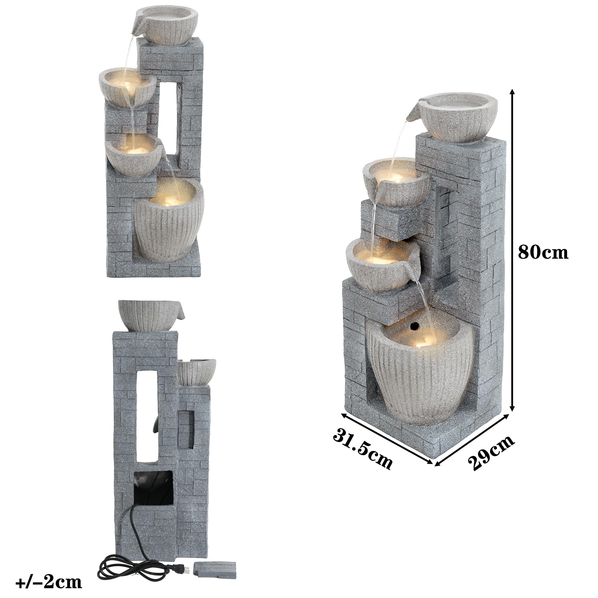 Gartenbrunnen, Brunnen Garten, Gartenbrunnen für Außen, 80 cm Schichtstein-Becken mit LED-Brunnen, aus Rostbeständigem Polyesterharz, für Garten, Terrasse, Balkon & Rasen (Grau)