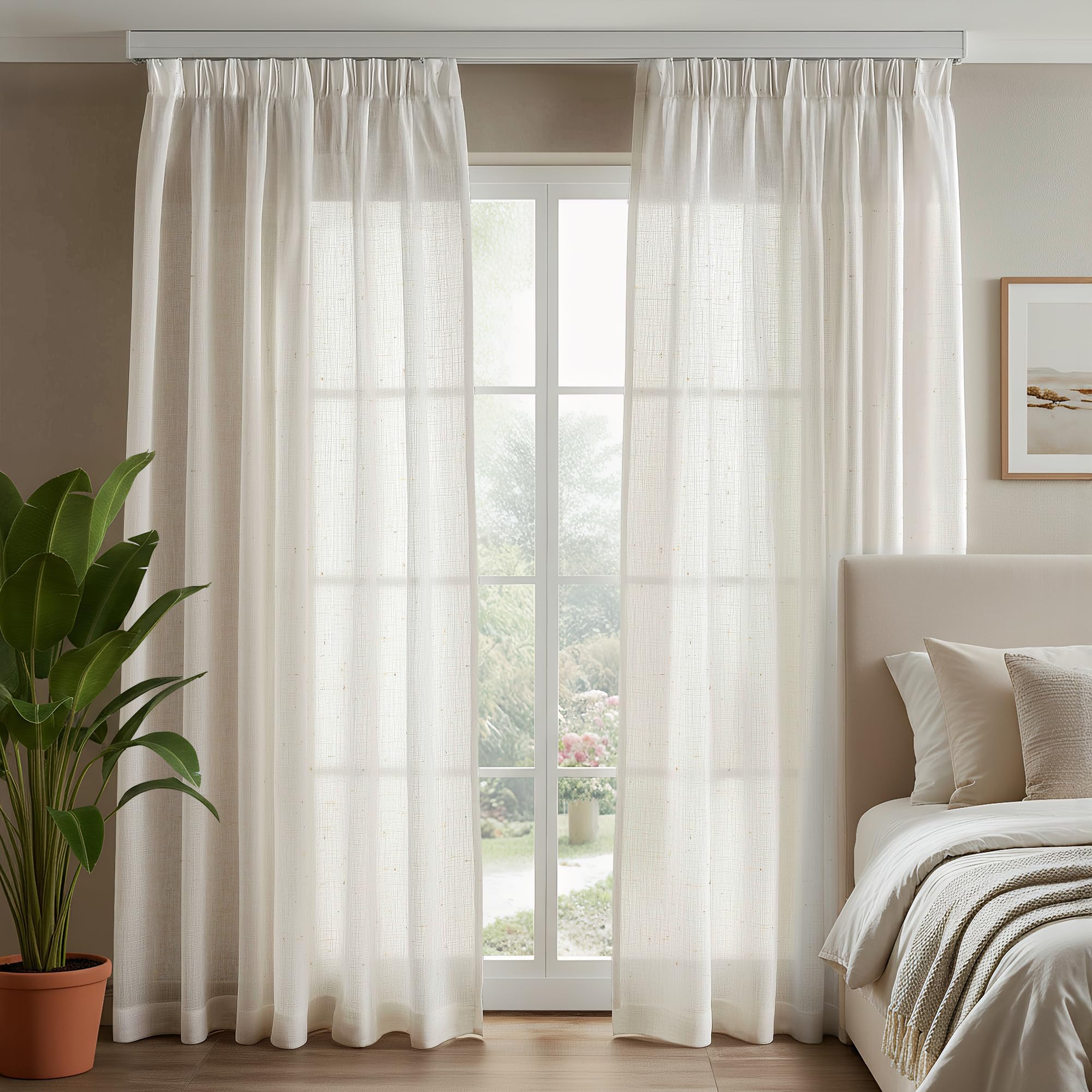 Deconovo Linen Look Net Curtains Home Decorations Semi Transparent Pencil Pleat Curtains Voile Sheer Panels for Bedroom Window W55 x L96 Inch