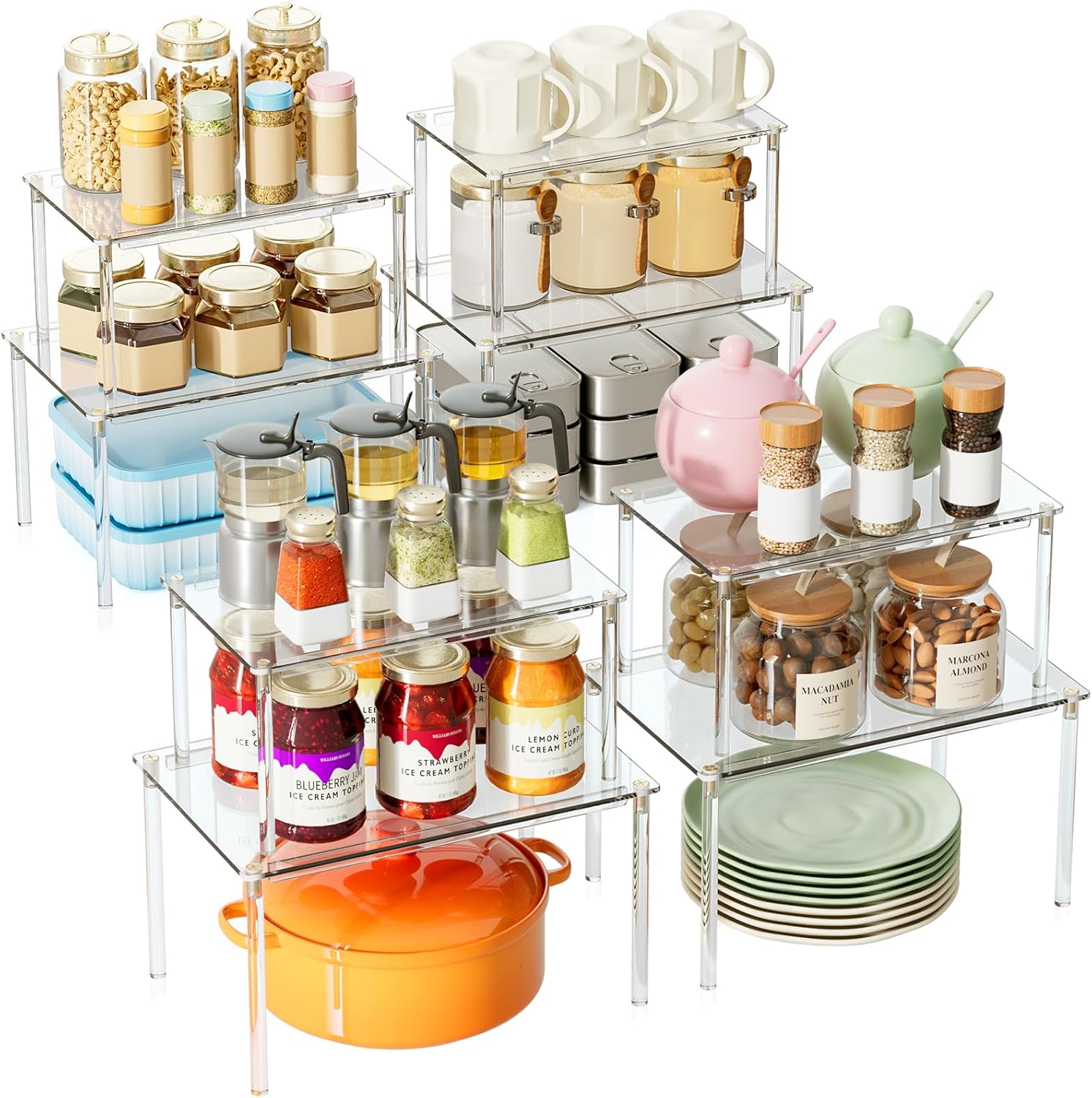 8 Pack Stackable Acrylic Cabinet Organizer Shelf (Transparent) - Detachable Desk Organizer Shelf for Storage of Spices, Office Desktop, Kitchen Storage Room Decor