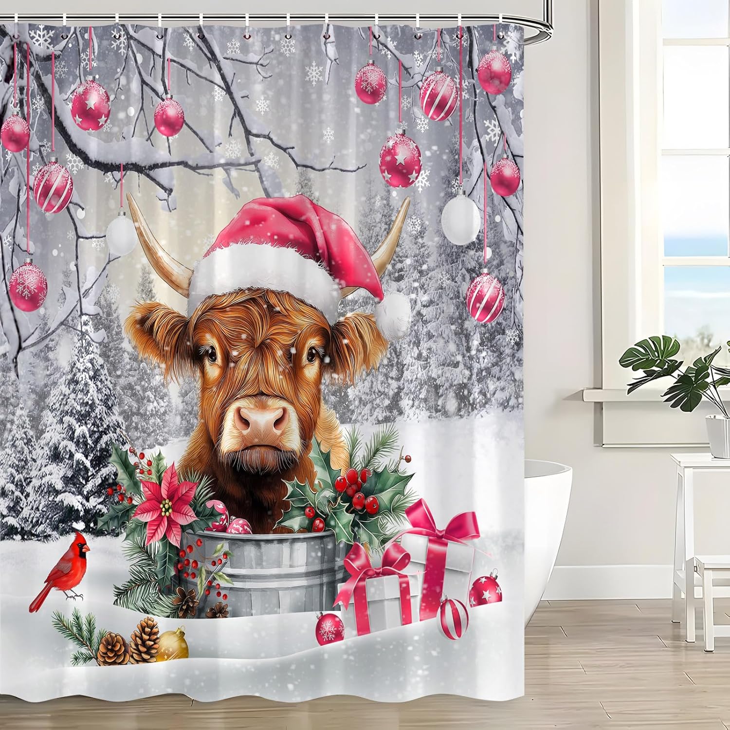 Christmas Highland Cow Shower Curtain Pink Xmas Ball Farmhouse Animal Cattle Rustic Forest Snowy Pine Tree Snowflake Winter Holiday Fabric Bathroom Decor Curtain with Hooks,70x83.8 Inch