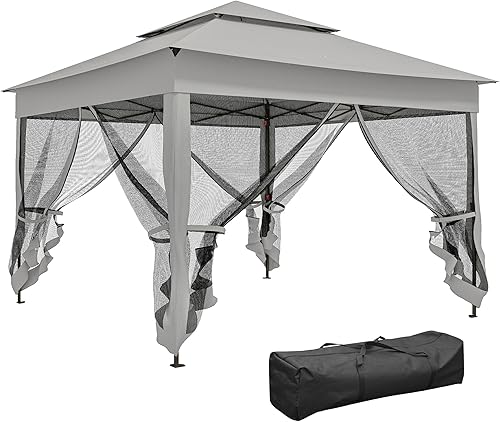 Miniatura 11 de Outsunny Toldo Emergente de 11 x 11 pies, refugio de glorieta para patio al aire libre con red de cremallera extraíble, carpa instantánea para
