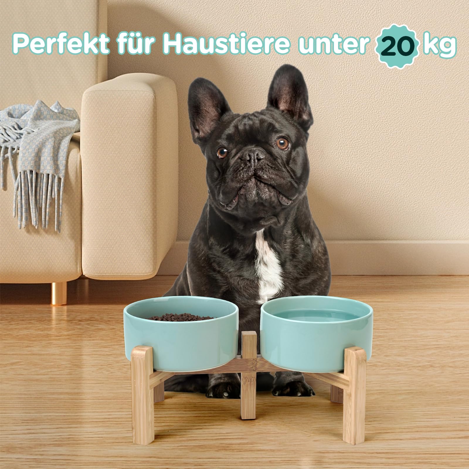 SPUNKYJUNKY Erhöhter Hundenapf Keramik, 15,5 cm Futter- und Wassernapf mit rutschfestem Bambus Ständer für mittelgroße Hunde & Katzen, Spülmaschinen- & mikrowellengeeignet - 850 ml, Hellgrün