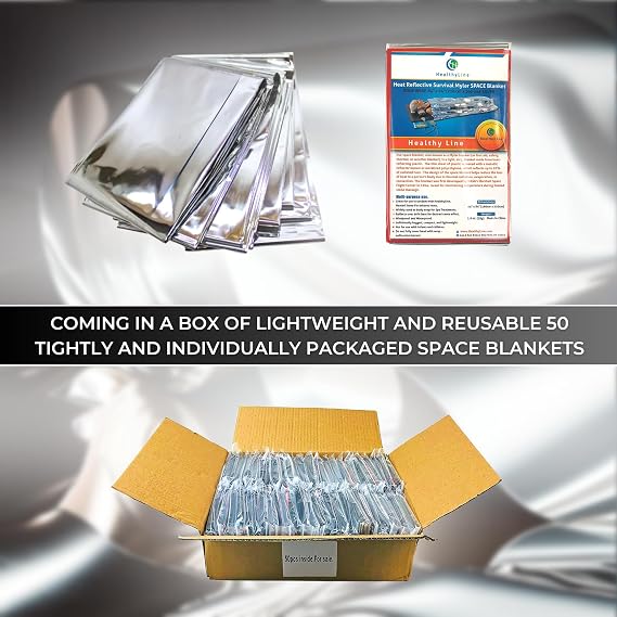 Emergency Mylar Foil Blanket 50-PACK - Extra Large 84 x 64 - Thermal Reflective Covers for Camping, First Aid and Far Infrared Sauna - Survival Prep Gear, Waterproof, Windproof, Lightweight