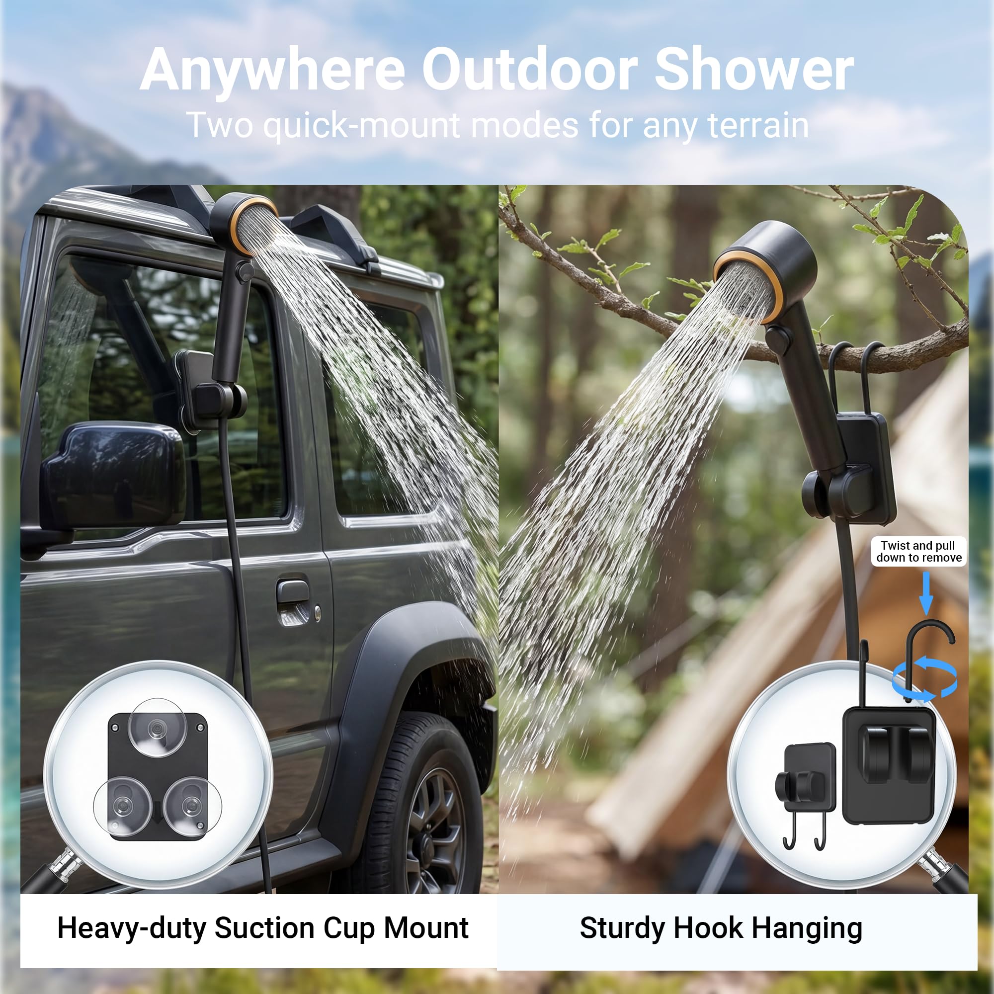 Douche de camping portable, 8 000 mAh, longue durée, rechargeable avec écran LED, 5 modes de pulvérisation, haute pression d'eau, pompe de camping étanche IPX8 pour randonnée, voyage, voiture