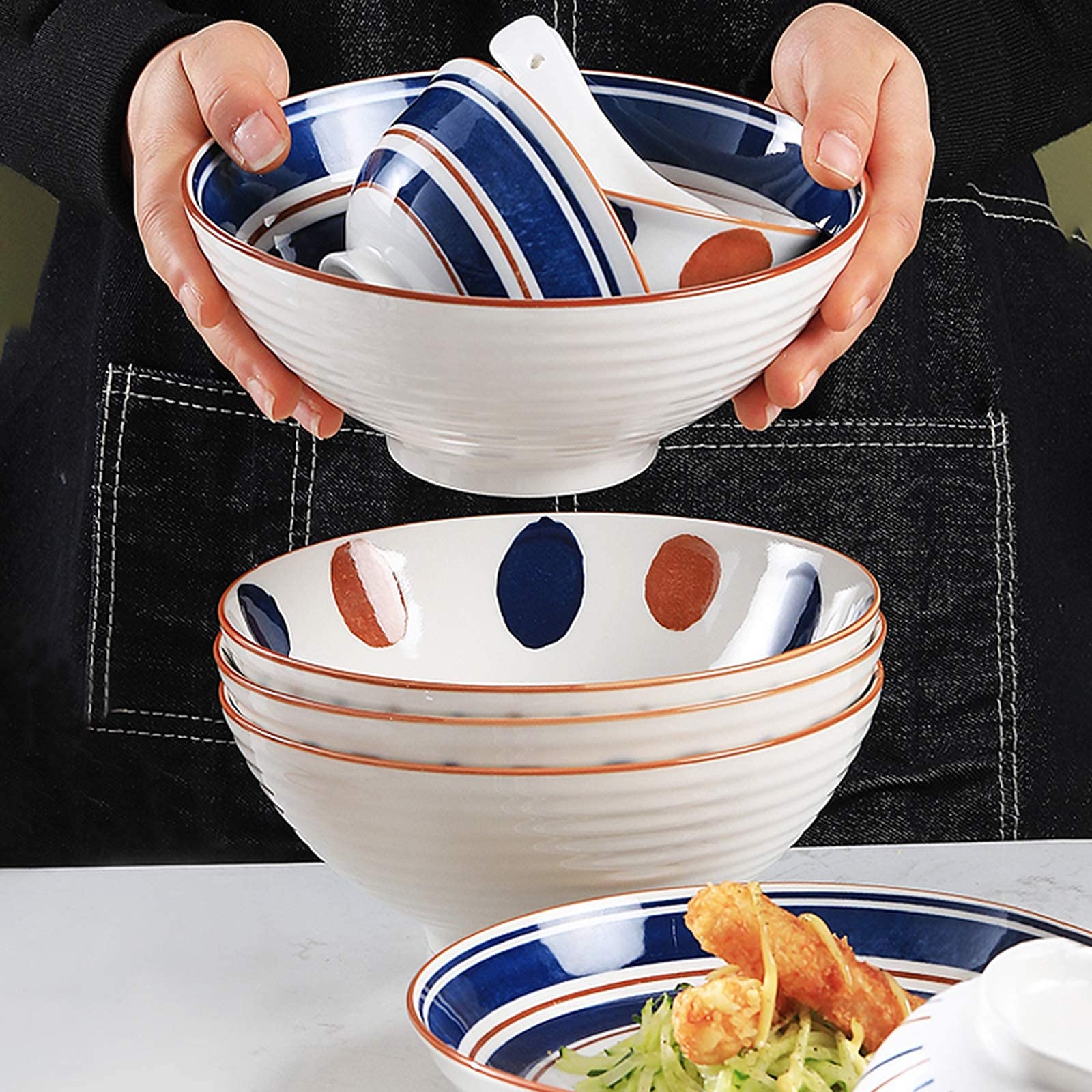 Service de Table, Service de Table en céramique, Service de Table en Porcelaine à Anneau annuel rétro, Ensemble de 24 Bols à céréales de Style Japonais et assie(