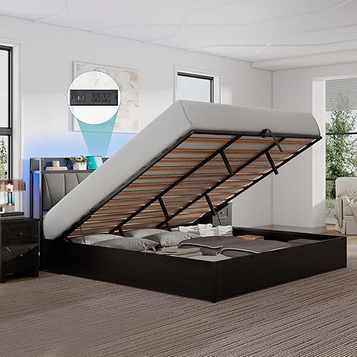 Miniatura 44 de Base de cama de almacenamiento elevable de tamaño matrimonial con luces LED, cabecera tapizada de lino con estación de carga, marco de cama de