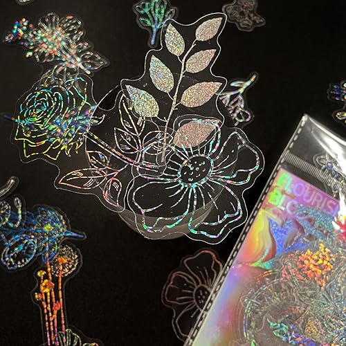 Miniatura 3 de Calcomanías holográficas de flores con purpurina (100 piezas), calcomanías grandes transparentes impermeables, calcomanías decorativas para álbumes
