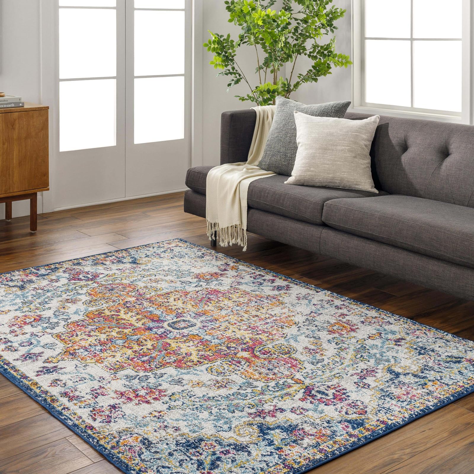 Livabliss Lou Asmara Vintage Rug for Living Room, Dining & Kitchen 160x220 cm, Traditional Boho Design, Multicoloured Blue and Orange, Easy Care Pile, Large Floor Covering