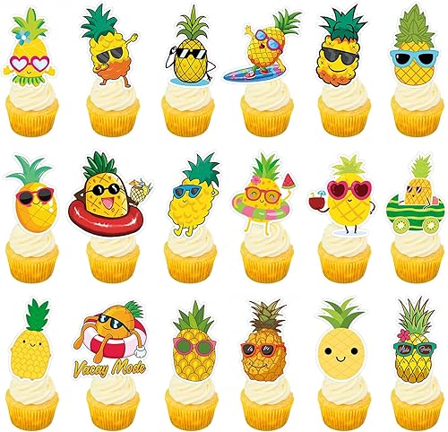 50 piezas de decoración de cupcakes de piña, decoración de cupcakes de frutas, lindas calcomanías temáticas de piña (2 en 1), suministros de fiesta