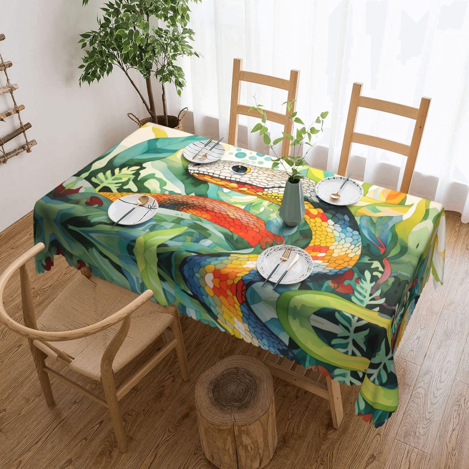 QAZWZML Watercolor snake Printed tablecloth, made of thick polyester with lace trim, suitable for dining rooms, picnics, and weddings