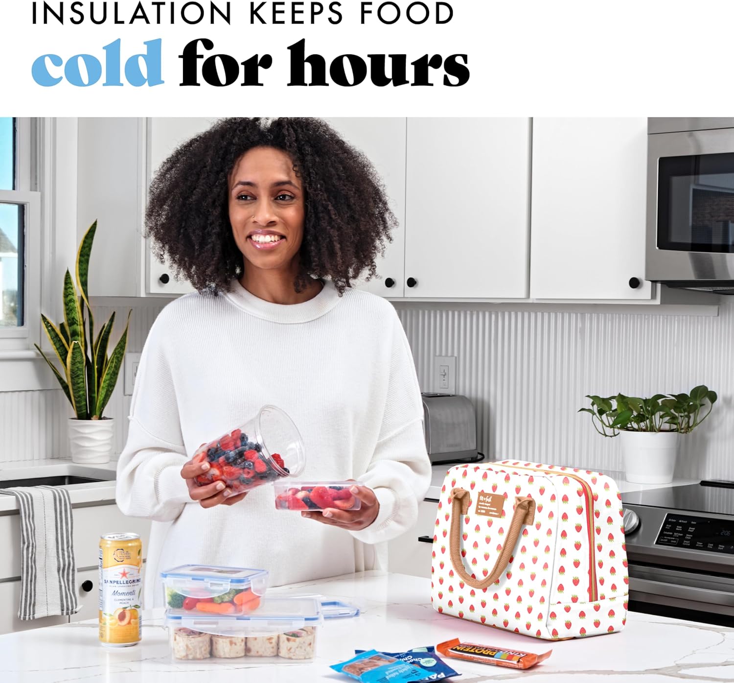 Fit & Fresh Bloomington Lunch Bag for Women - Insulated Large Lunch Box for Work with Containers, Leak-Resistant, Stain-Resistant, Zipper Closure, Strawberry - Image 2