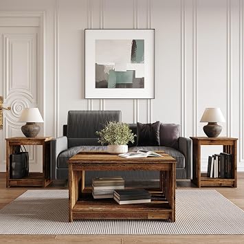 HOME DESIGN Nashua 3 Piece Coffee Table Set for Living Room, Rustic Farmhouse Style, Slatted Side Panels, Open Shelf Storage, Easy Assembly, Vintage Oak Finish