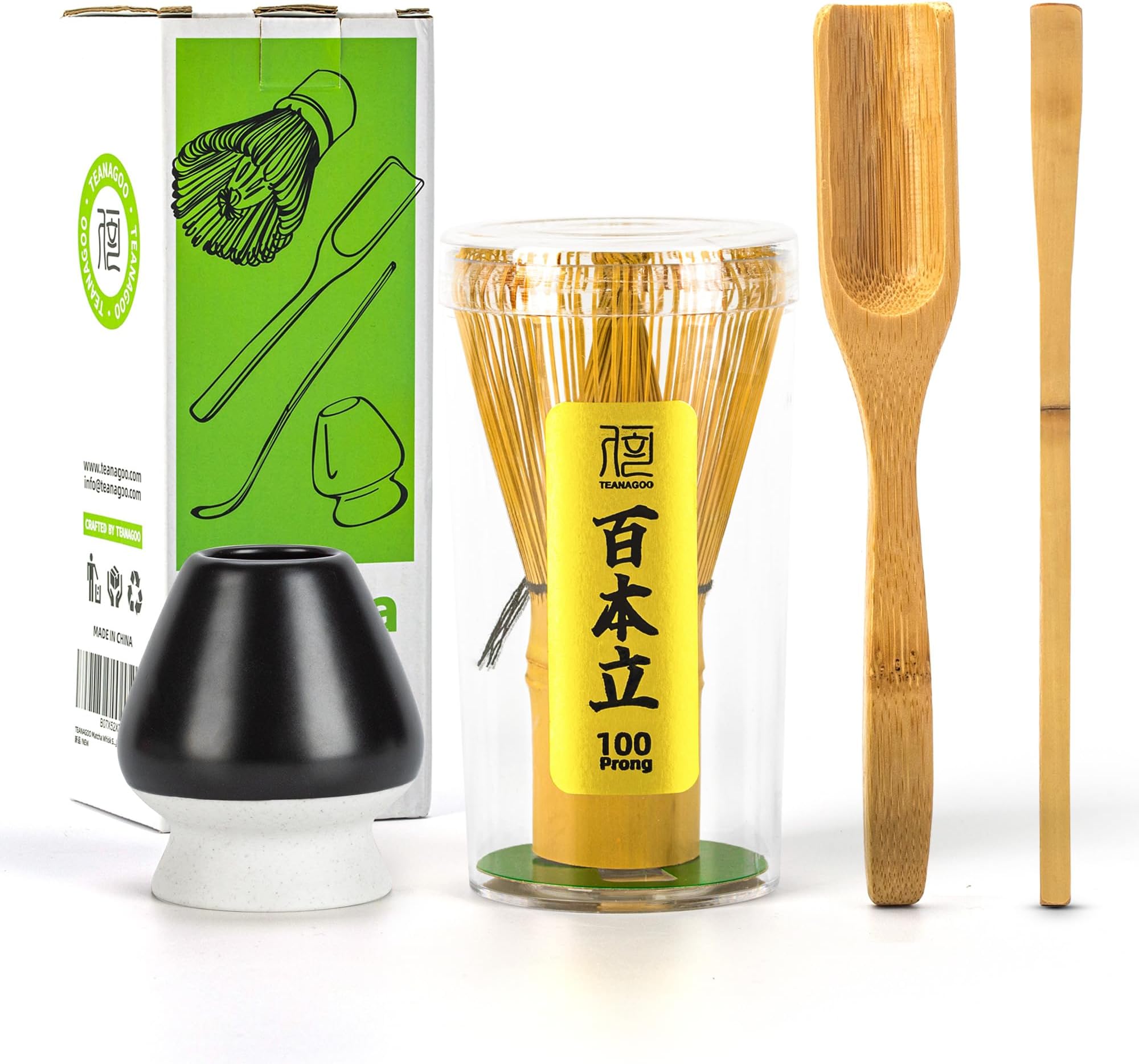 TEANAGOO Matcha Whisk Set, Bamboo Matcha Whisk (Chasen), 4 Pcs Traditional Starter Matcha Set, Scoop (Chashaku) Tea Spoon Whisk Holder, Matcha Accessory, Bamboo Whisk For Matcha Tea (100prongs)