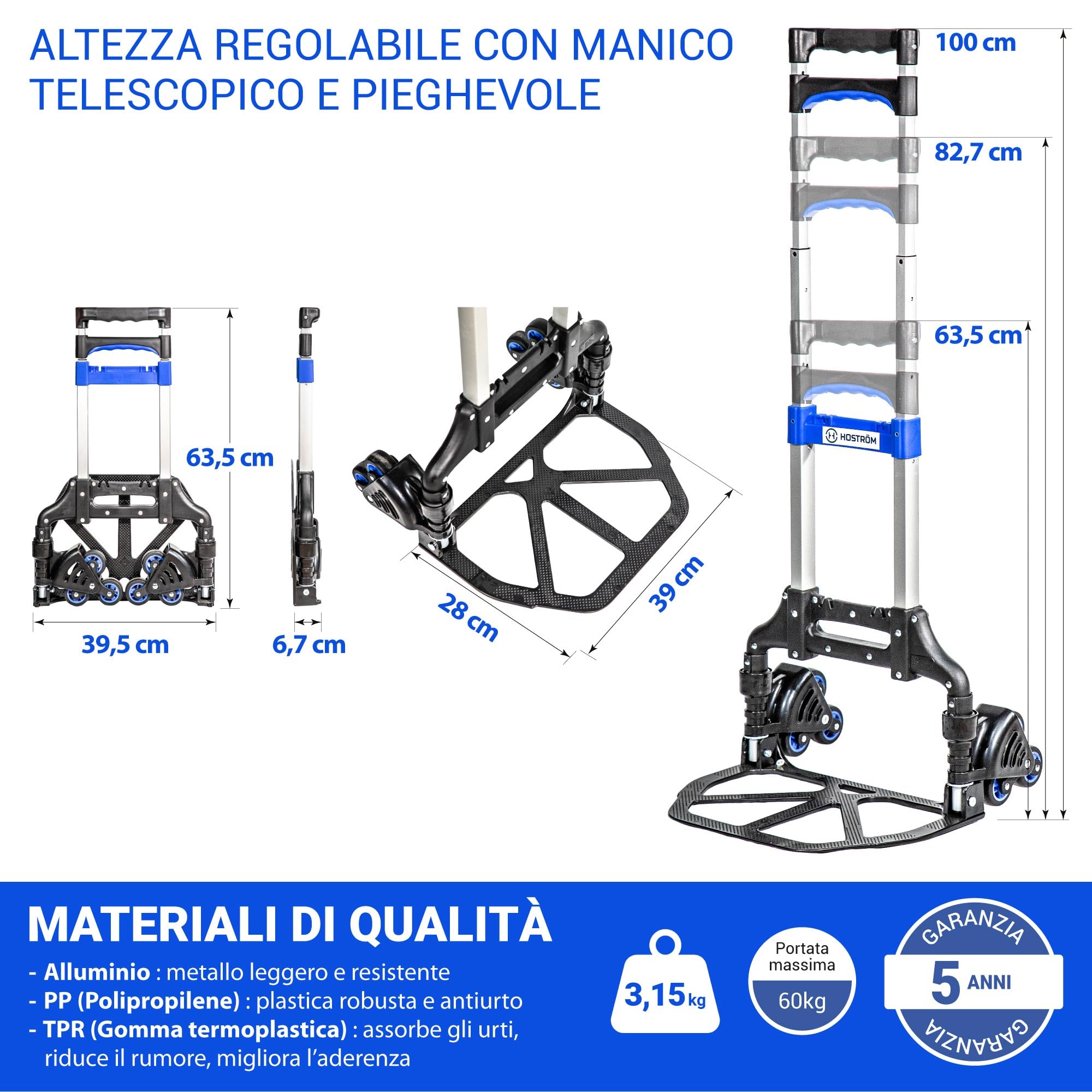 HOSTRÖM Carrello saliscale pieghevole in alluminio, carrello pieghevole a 6 ruote per spostare e trasportare materiali, compatto, carico massimo 60 kg, 5 anni di garanzia.