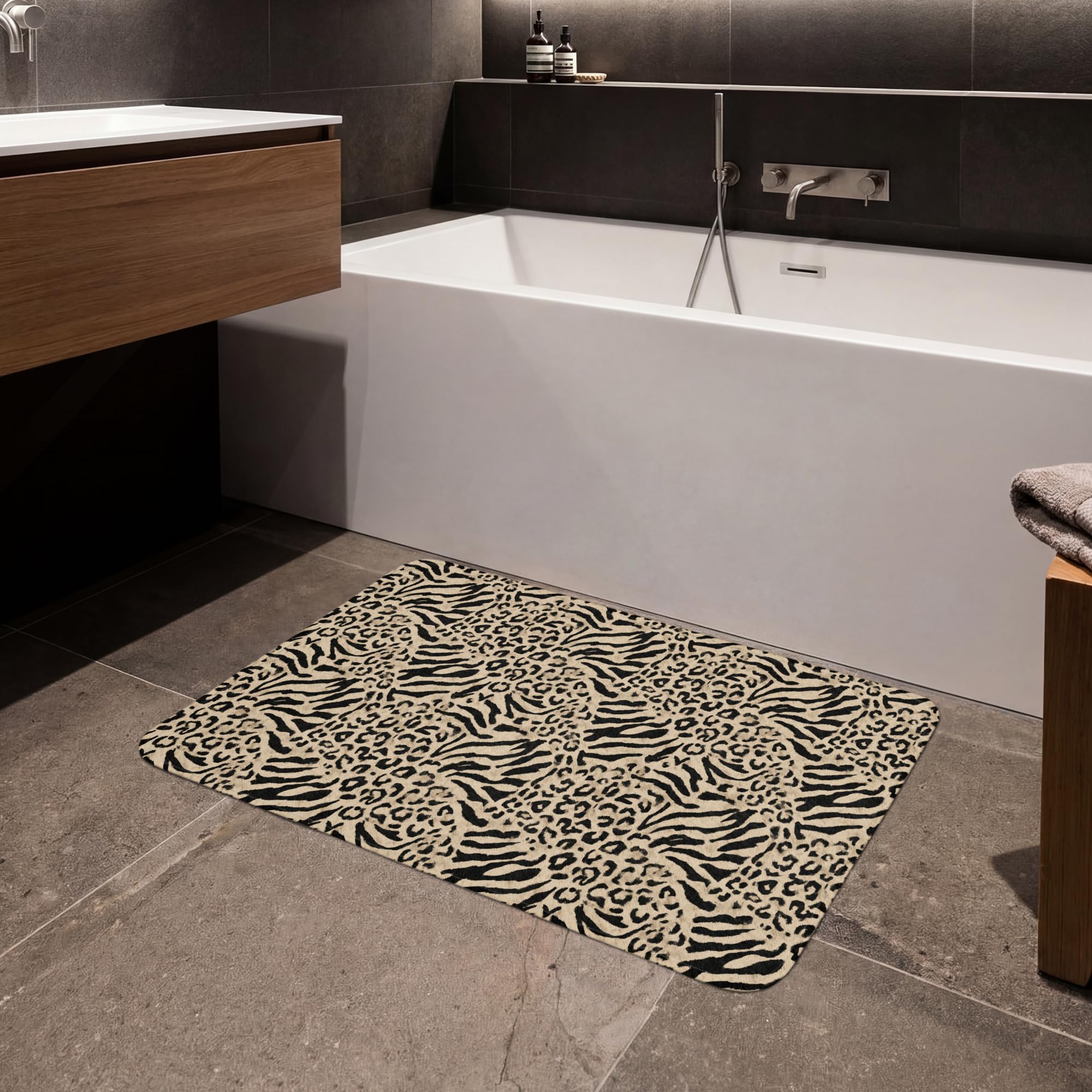 Badematte rutschfest Deko Badezimmer Memoryschaum Badematten | 90x60 cm - Rechteckig - Vorleger Mit Ausschnitt Duschvorleger Waschbar Giraffe - Zebra - Motiv - Braun