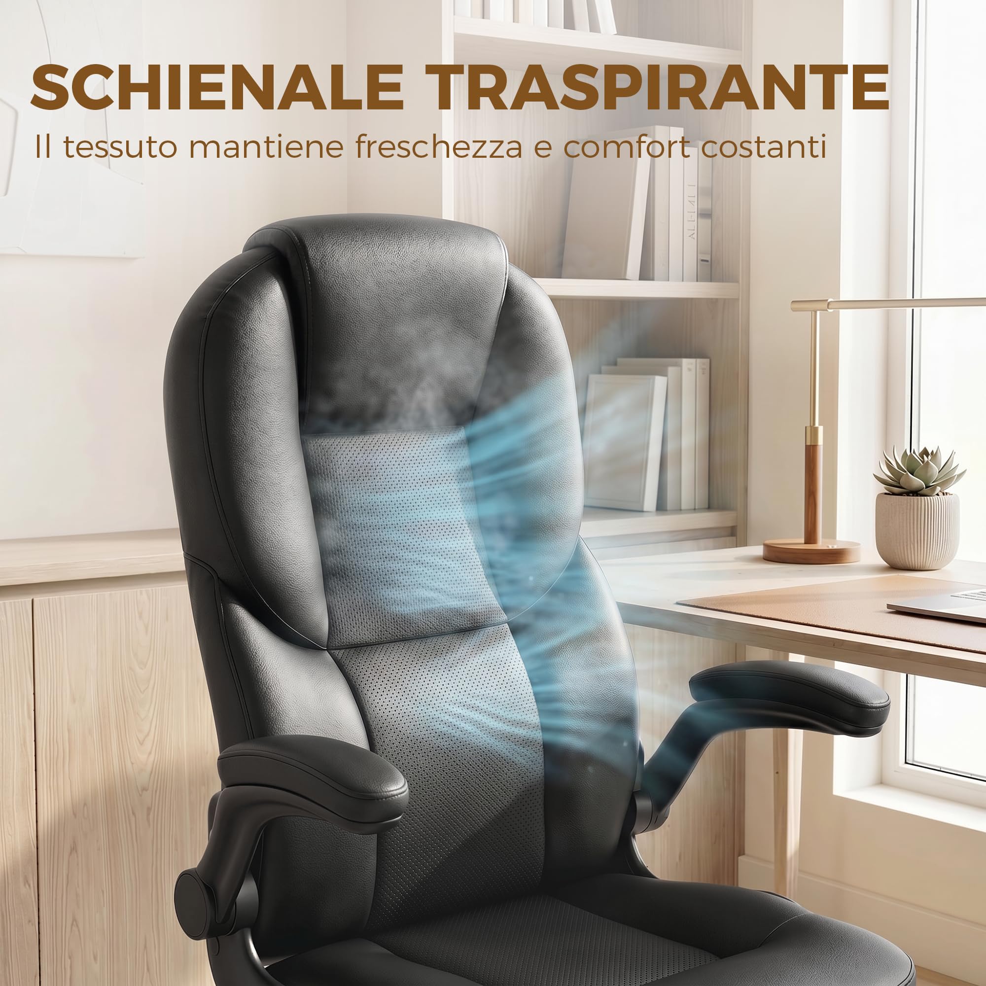 HOMCOM Sedia da Ufficio Ergonomica, Braccioli Ribaltabili Imbottiti, Nero | Schienale Curvato Alto Traspirante, Sedia Scrivania Imbottita Girevole in Pelle PU, Funzione Dondolo, Altezza Regolabile