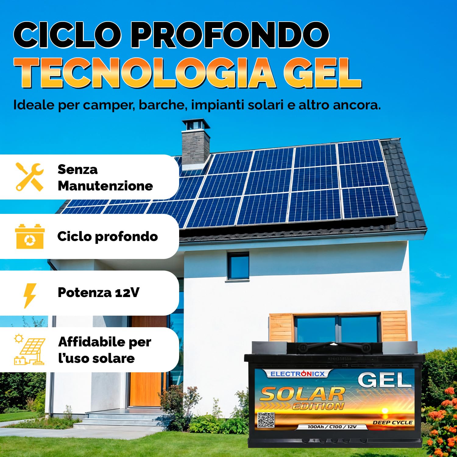 Electronicx GEL Solar Edition 100Ah 12V Batteria di alimentazione – Batteria GEL 100 Ah 12 V Deep Cycle – senza manutenzione, sigillata, per uso interno – 353 × 175 × 190 mm