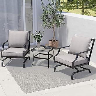 - Rocking Chairs Patio Chairs Bistro Sets Conversation Chair Indoor Outdoor Chat Set Motion Chair A Comfortable Shake of 5-10° Unique Design Patio Set with Grey Cushions 3-Piece